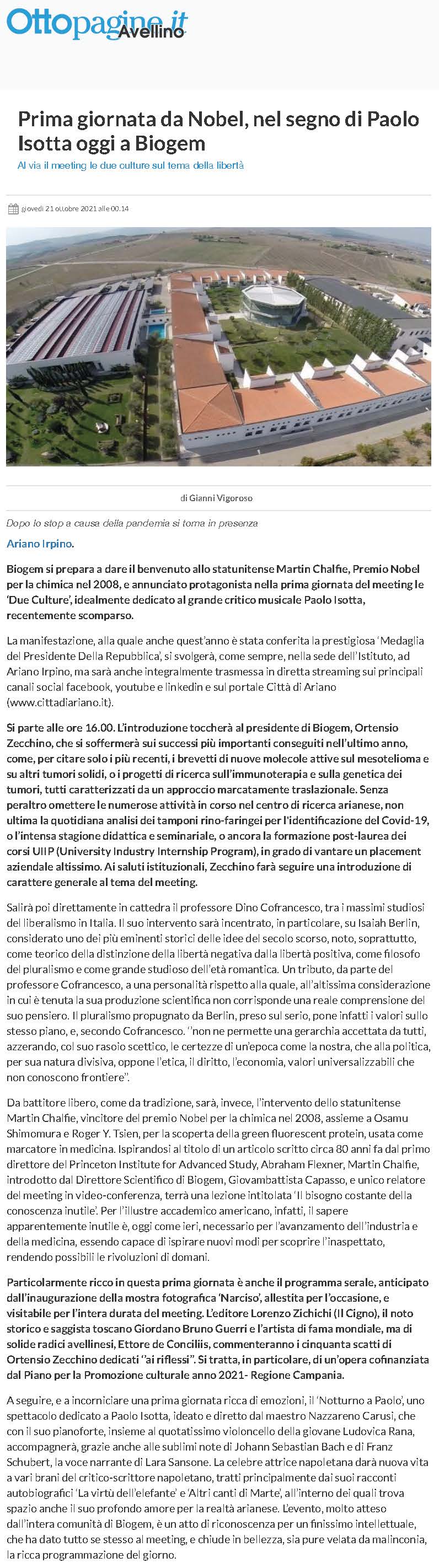 Prima giornata da Nobel, nel segno di Paolo Isotta oggi a Biogem