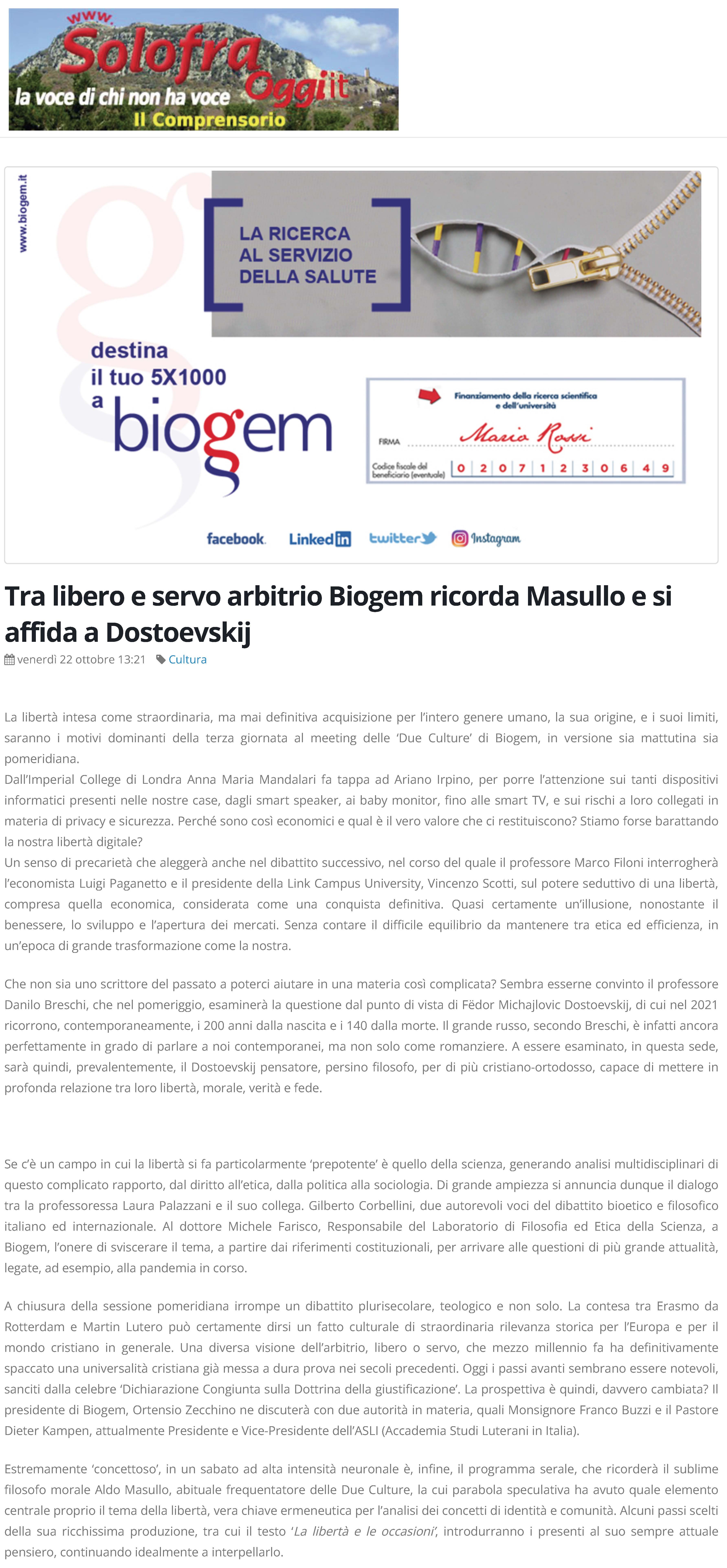 Tra libero e servo arbitrio Biogem ricorda Masullo e si affida a Dostoevskij