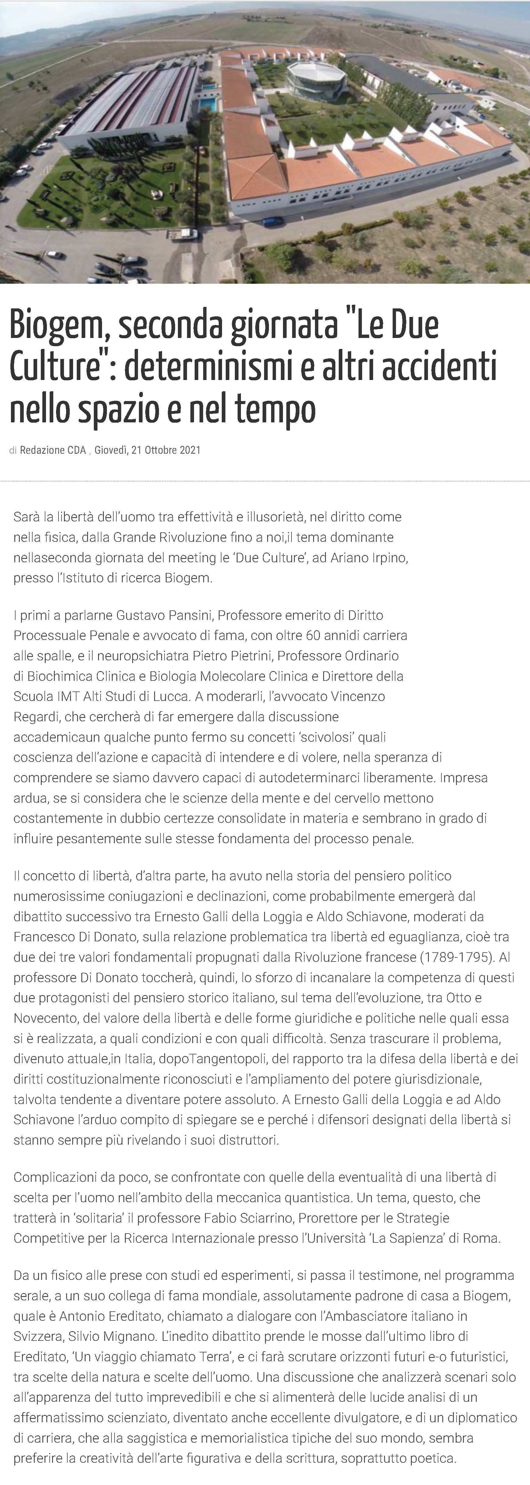 Biogem, seconda giornata "Le Due Culture": determinismi e altri accidenti nello spazio e nel tempo