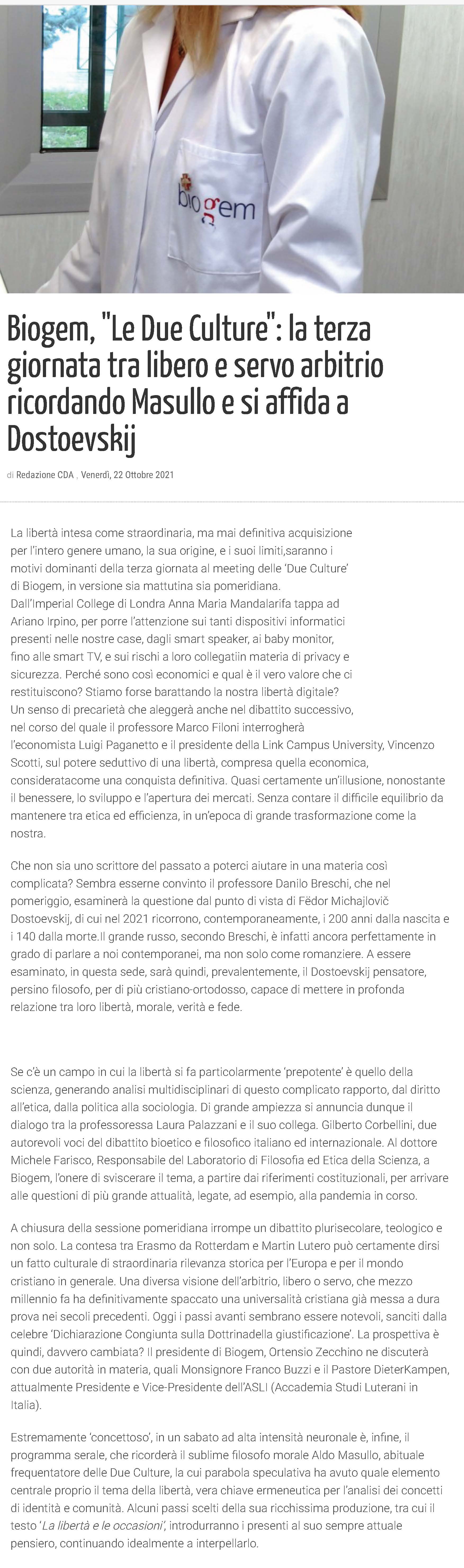 Biogem,"Le Due Culture": la terza giornata tra libero servo arbitrio ricordando Masullo e si affida a Dostoevskij