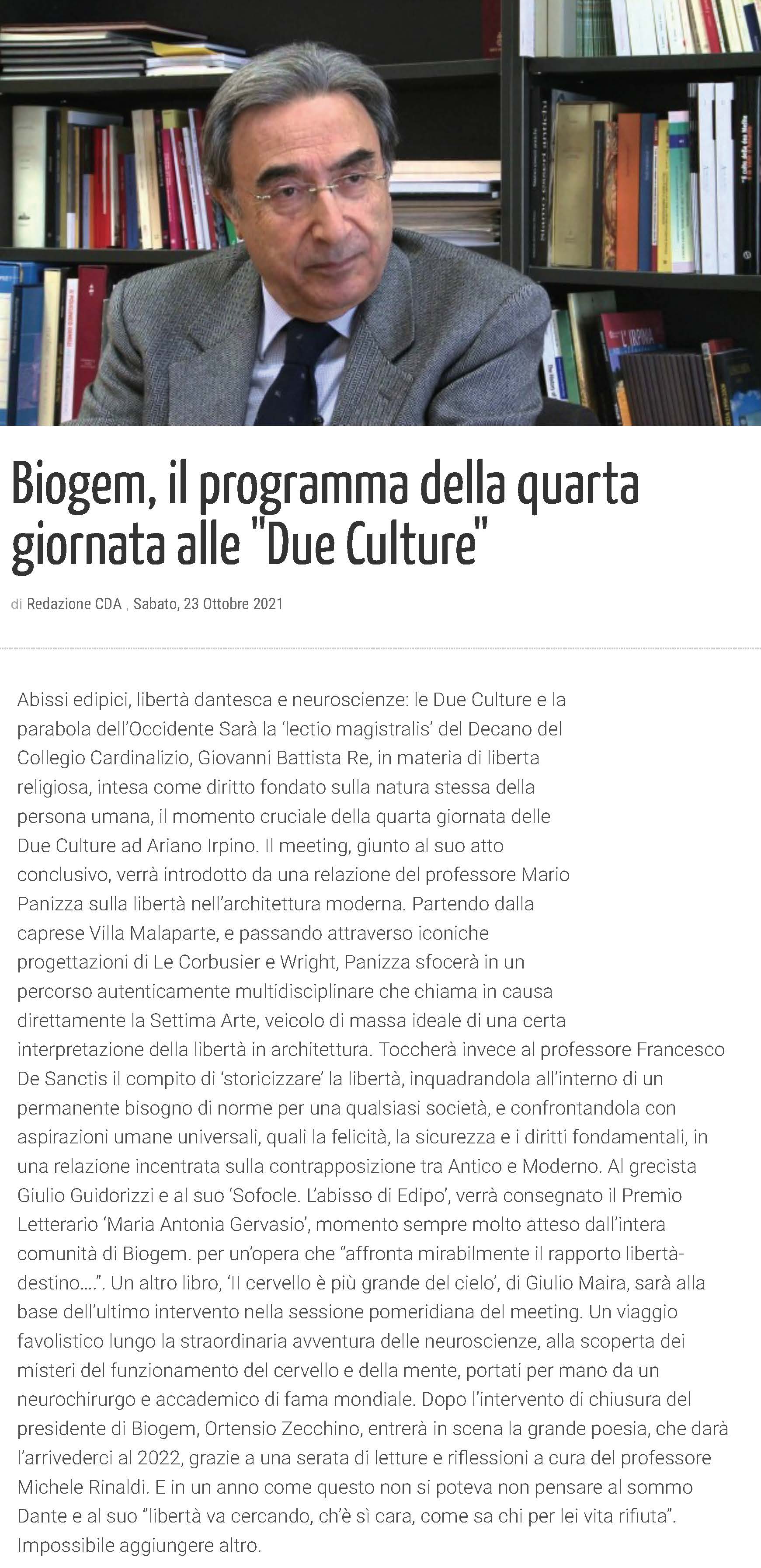 Biogem, il programma della quarta giornata alle "Due Culture"