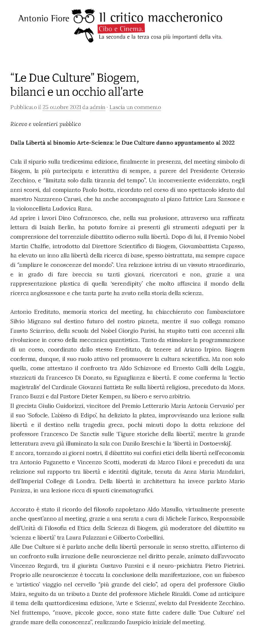 “Le Due Culture” Biogem, bilanci e un occhio all’arte