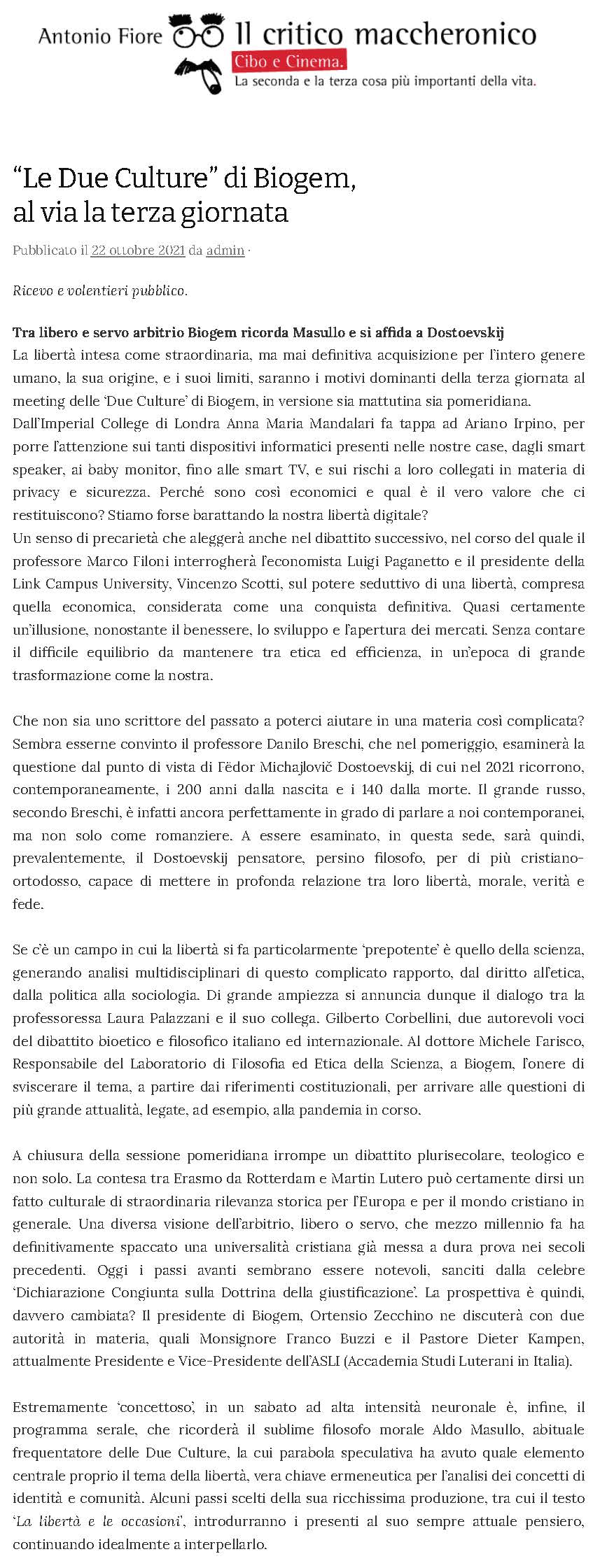 “Le Due Culture” di Biogem, al via la terza giornata