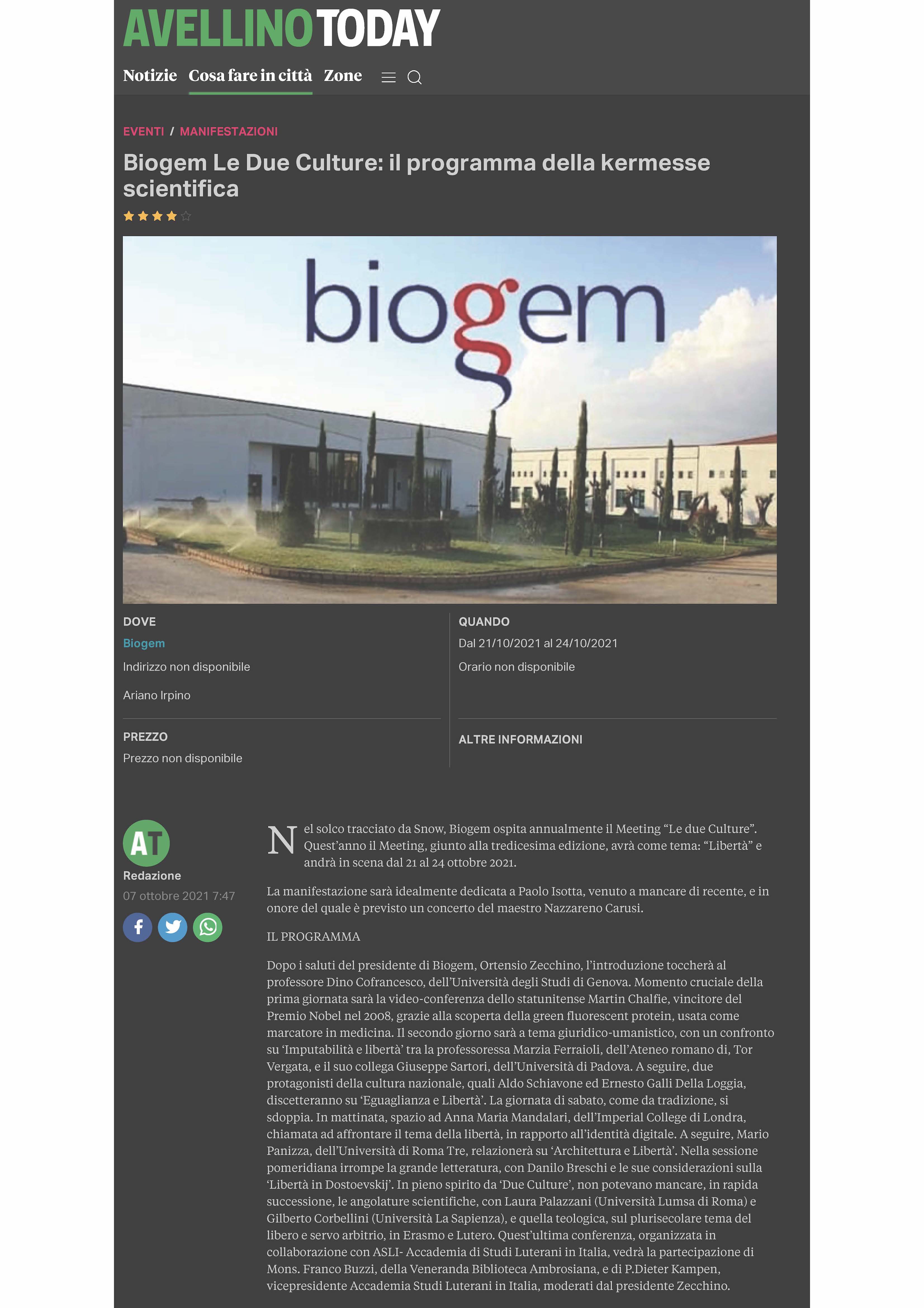 Biogem Le Due Culture: il programma della kermesse scientifica