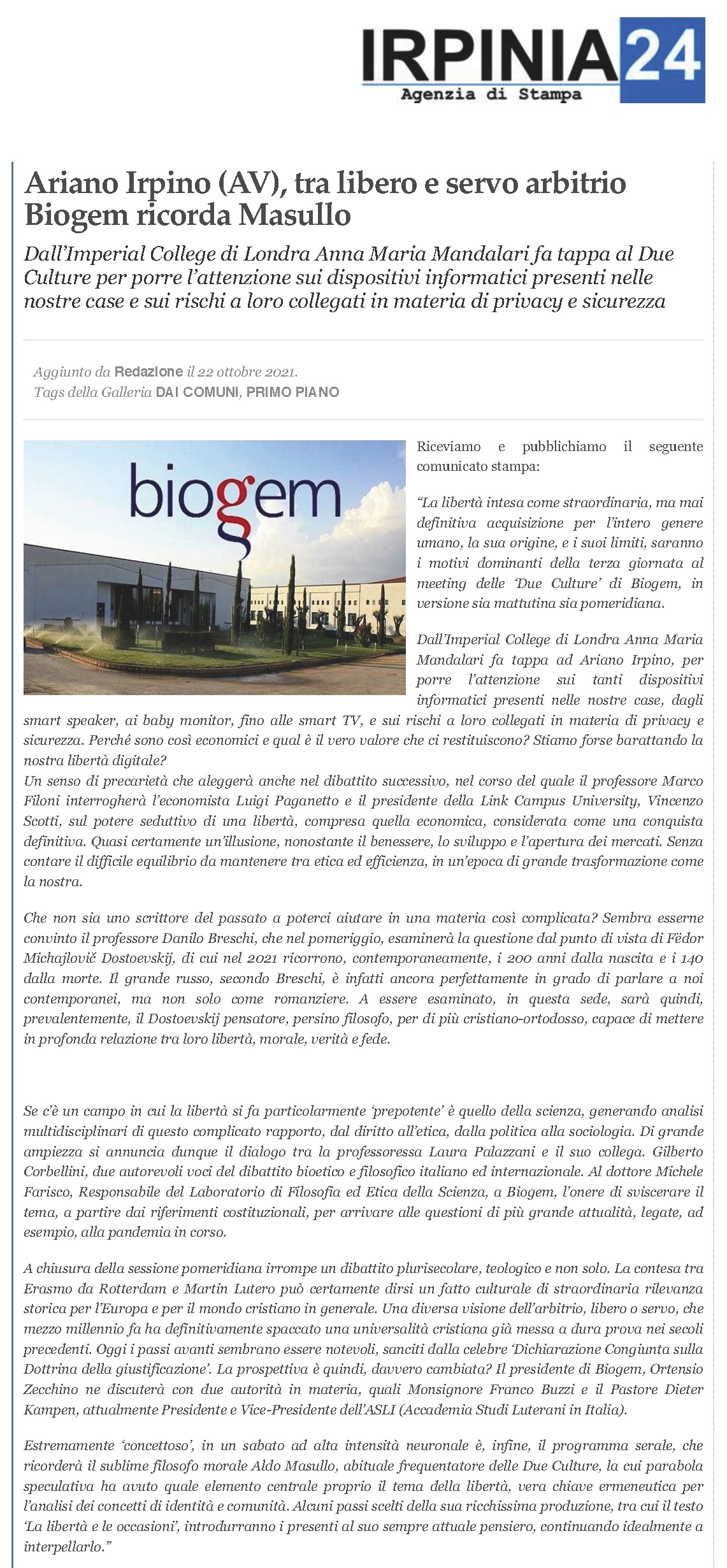 Ariano Irpino (AV), tra libero e servo arbitrio Biogem ricorda Masullo