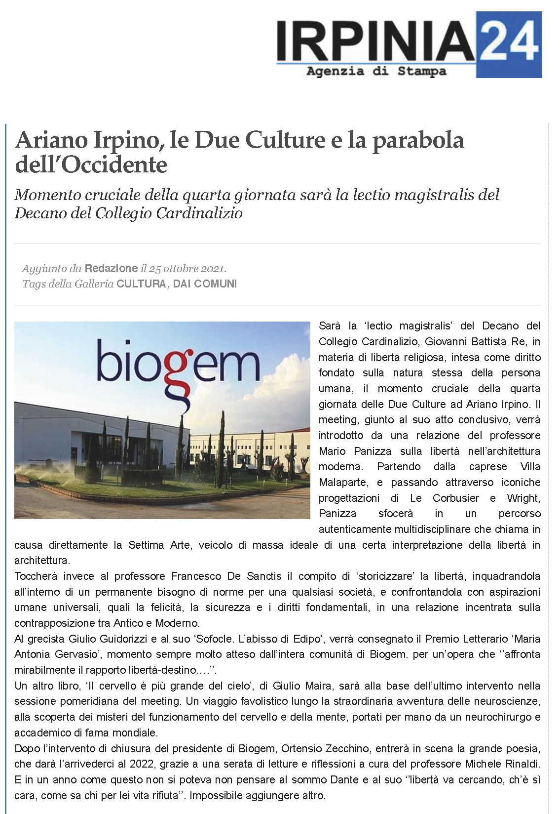 Ariano Irpino, le Due Culture e la parabola dell’Occidente