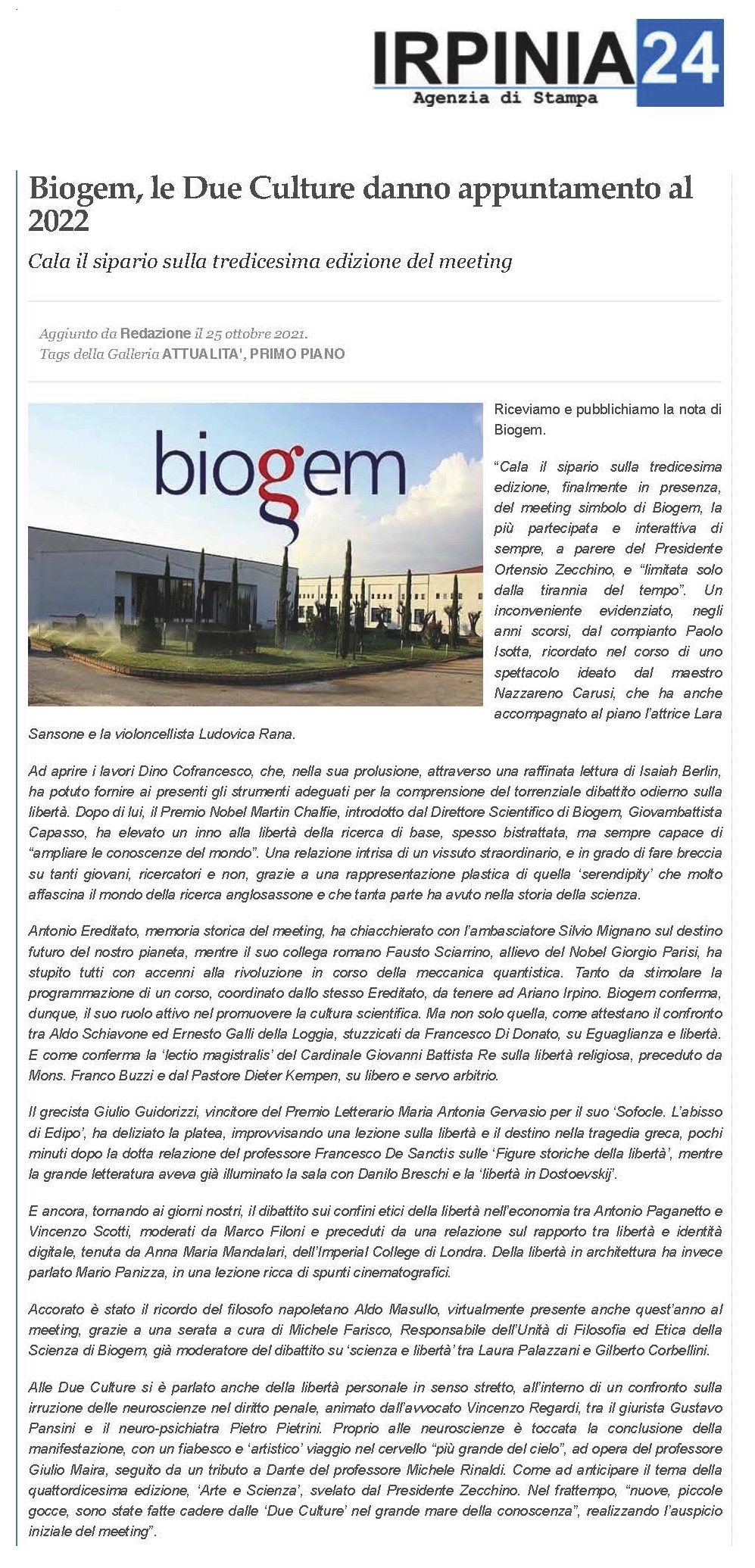 Biogem, le Due Culture danno appuntamento al 2022