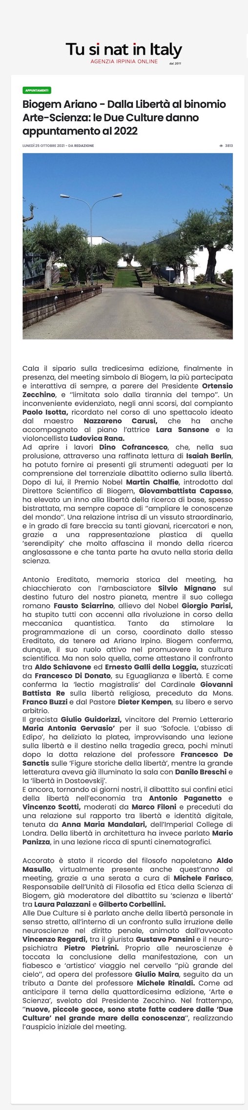 Biogem Ariano - Dalla Libertà al binomio Arte-Scienza: le Due Culture danno appuntamento al 2022