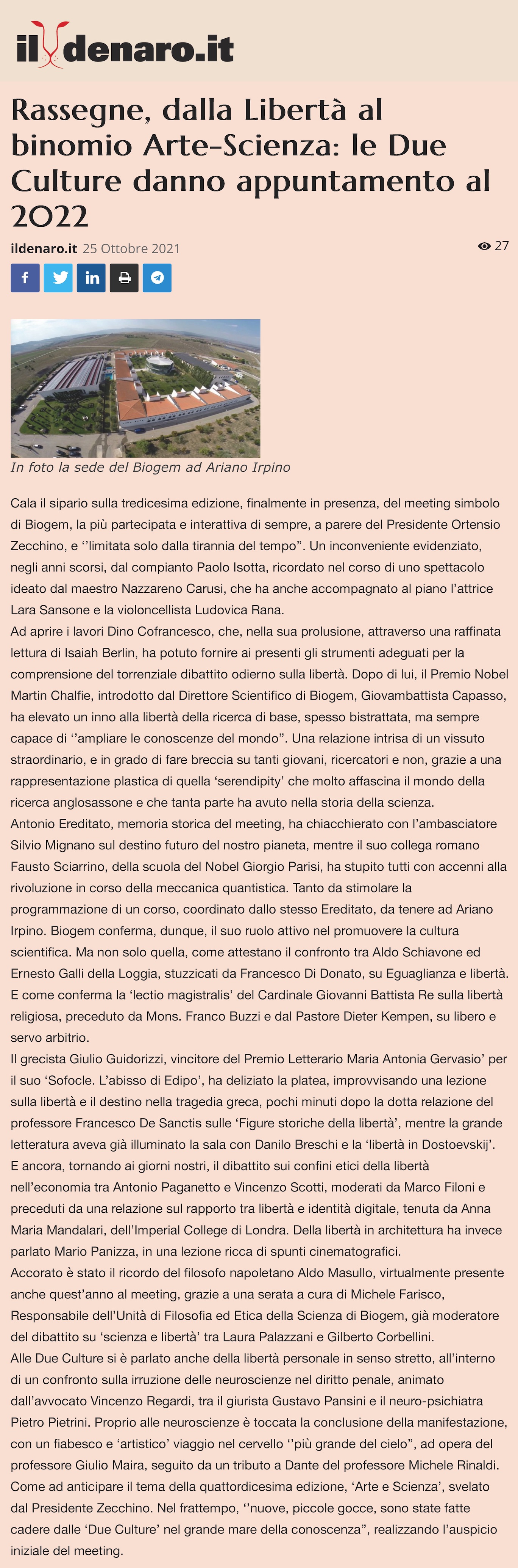 Rassegne, dalla Libertà al binomio Arte-Scienza: le Due Culture danno appuntamento al 2022