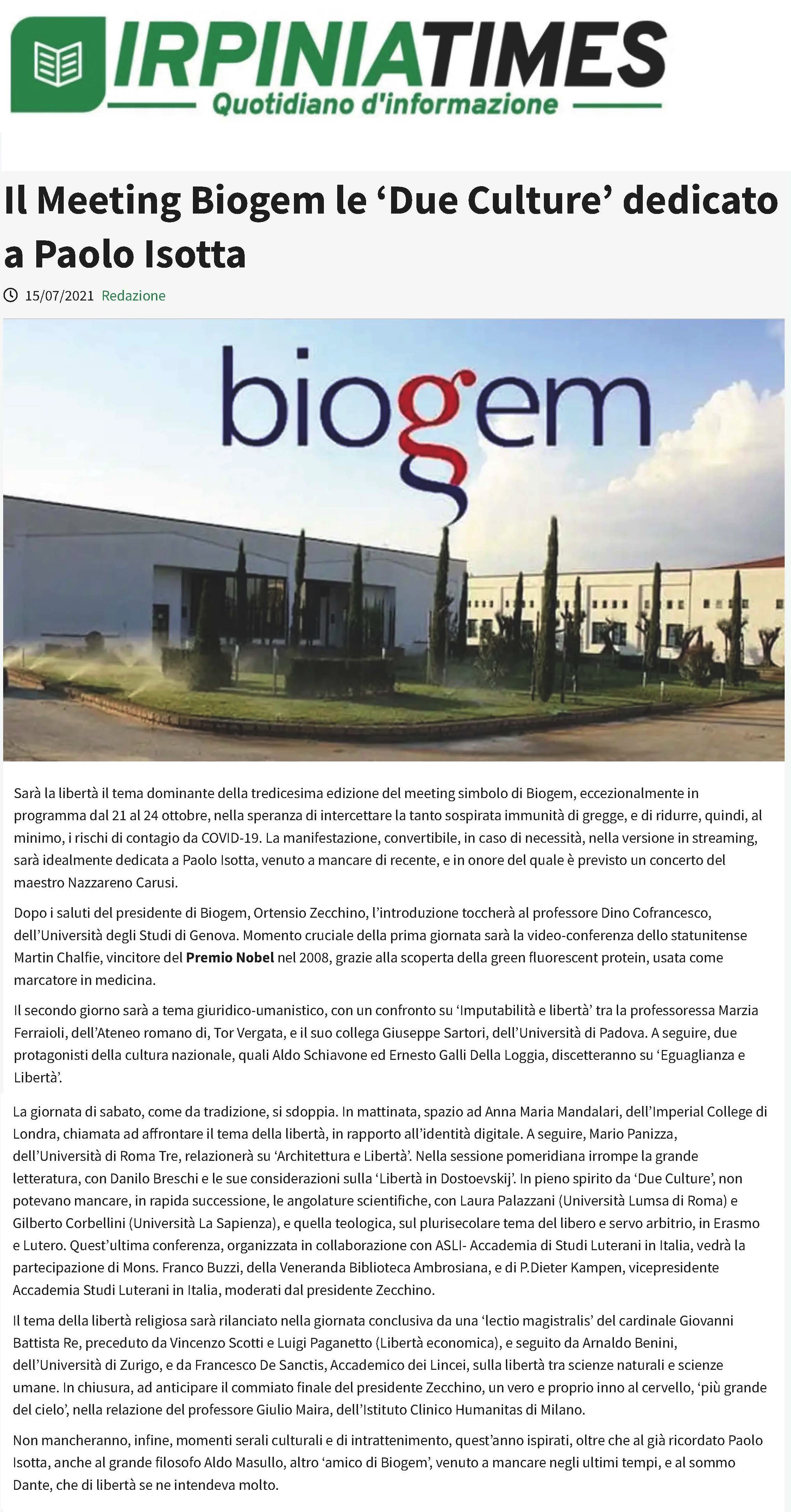 Il Meeting Biogem le ‘Due Culture’ dedicato a Paolo Isotta