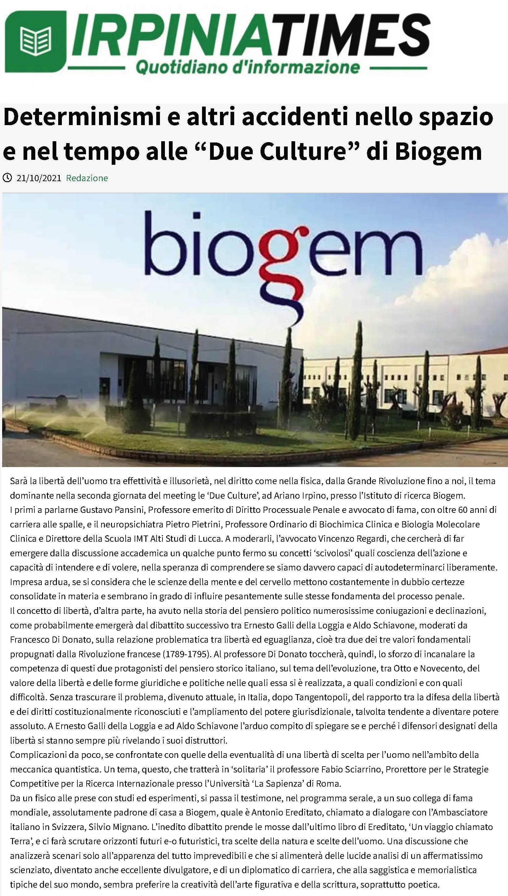 Determinismi e altri accidenti nello spazio e nel tempo alle “Due Culture” di Biogem