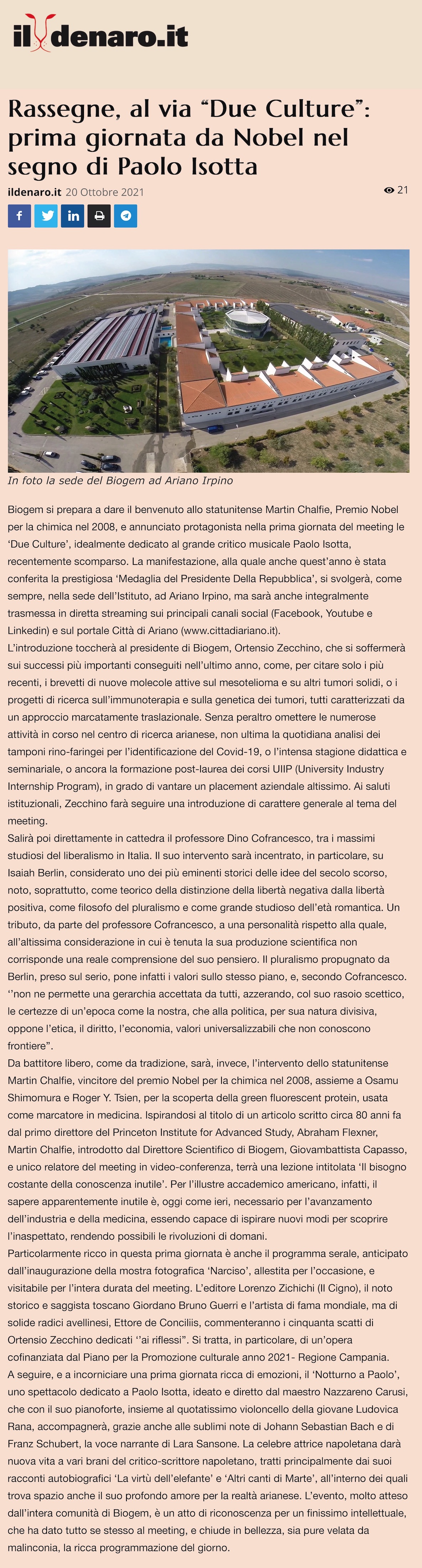 Rassegne, al via “Due Culture”: prima giornata da Nobel nel segno di Paolo Isotta