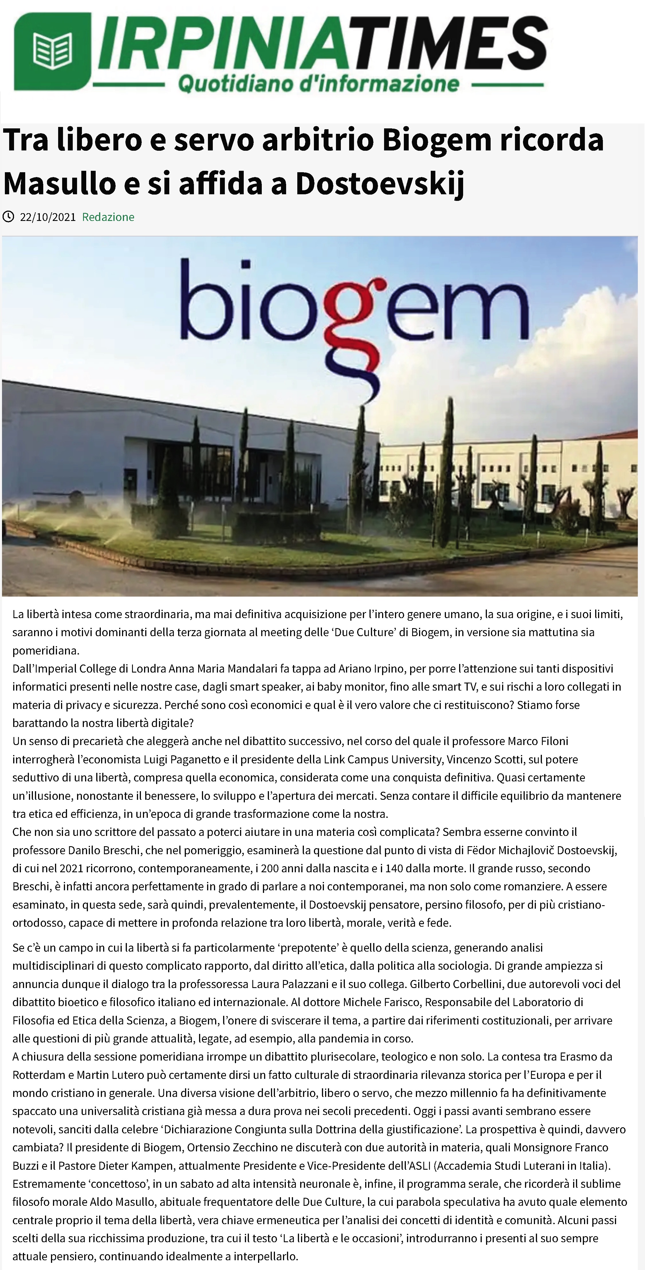 Tra libero e servo arbitrio Biogem ricorda Masullo e si affida a Dostoevskij