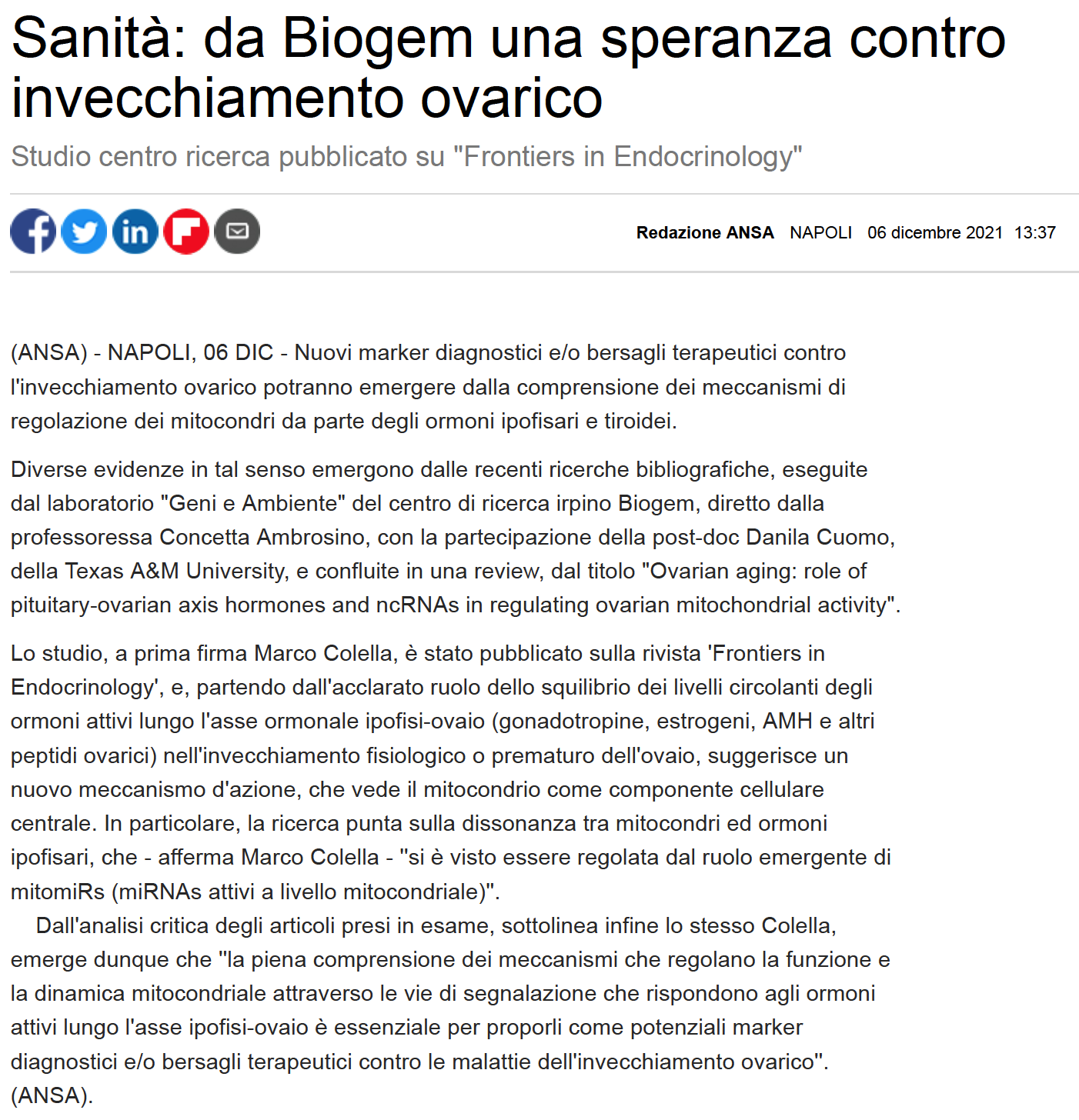 Sanità: da Biogem una speranza contro invecchiamento ovarico