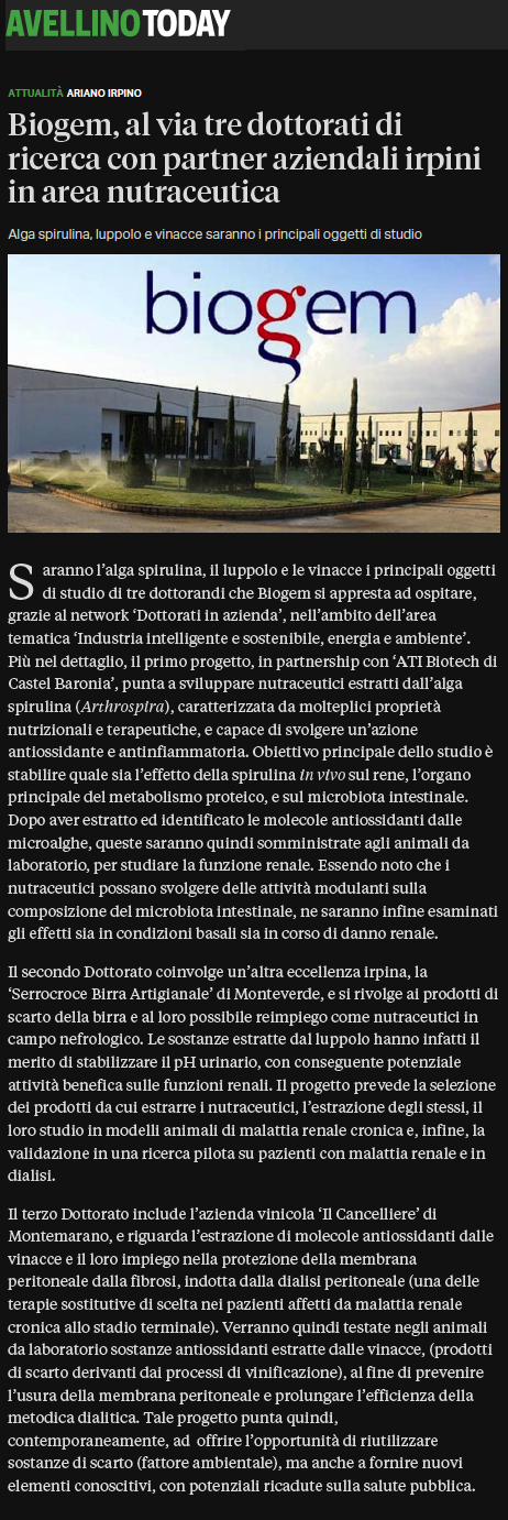 Biogem, al via tre dottorati di ricerca con partner aziendali irpini in area nutraceutica