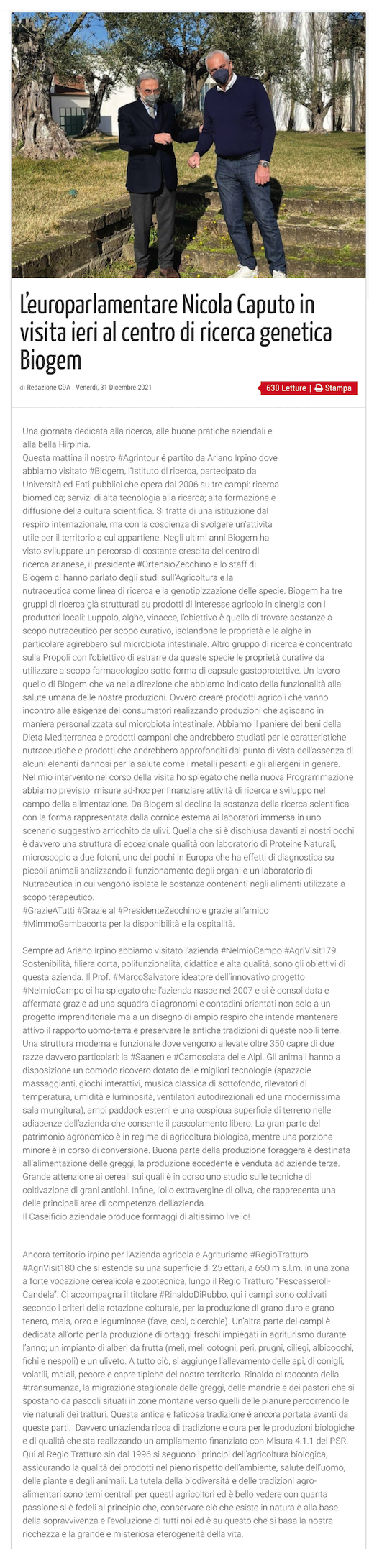 L’europarlamentare Nicola Caputo in visita ieri al centro di ricerca genetica Biogem