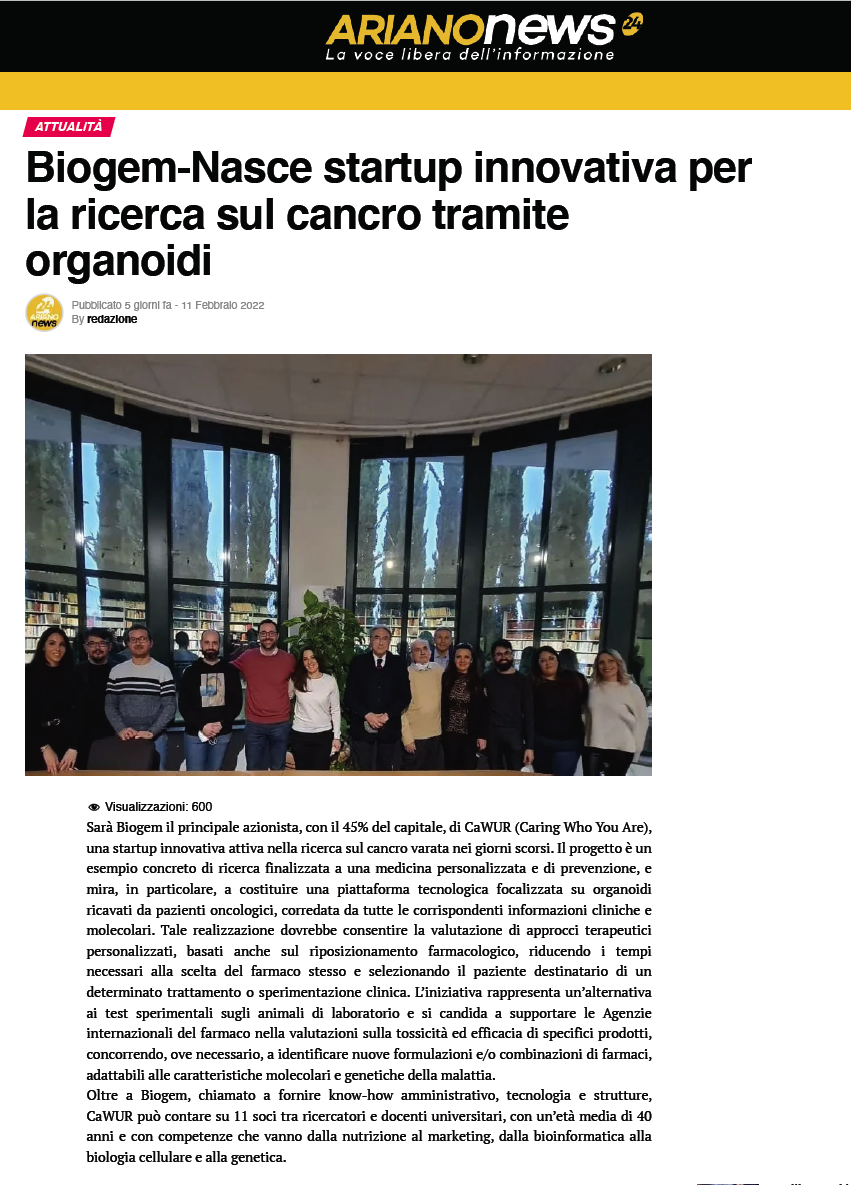 Biogem-Nasce startup innovativa per la ricerca sul cancro tramite organoidi