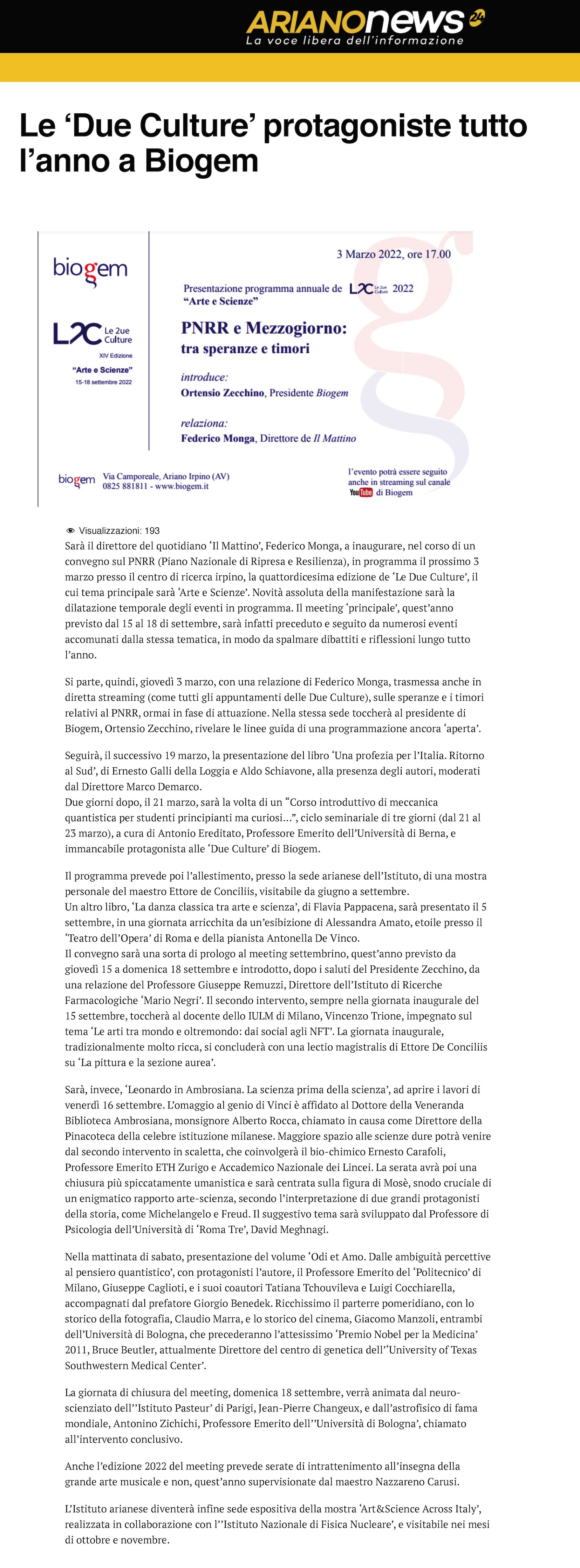 ATTUALITÀ Le ‘Due Culture’ protagoniste tutto l’anno a Biogem