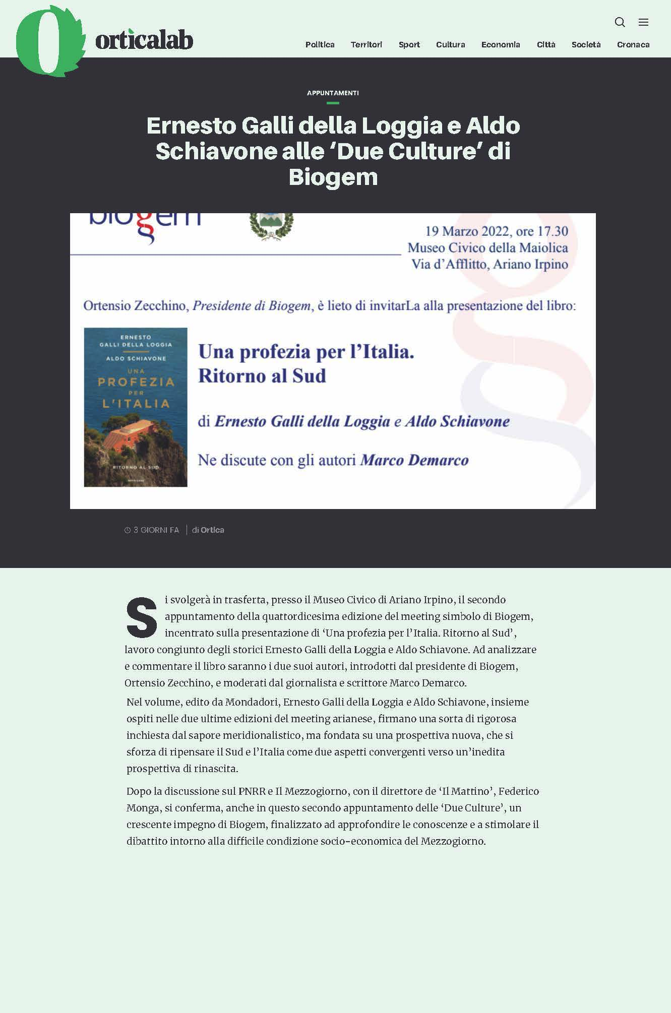 Ernesto Galli della Loggia e Aldo Schiavone alle ‘Due Culture’ di Biogem