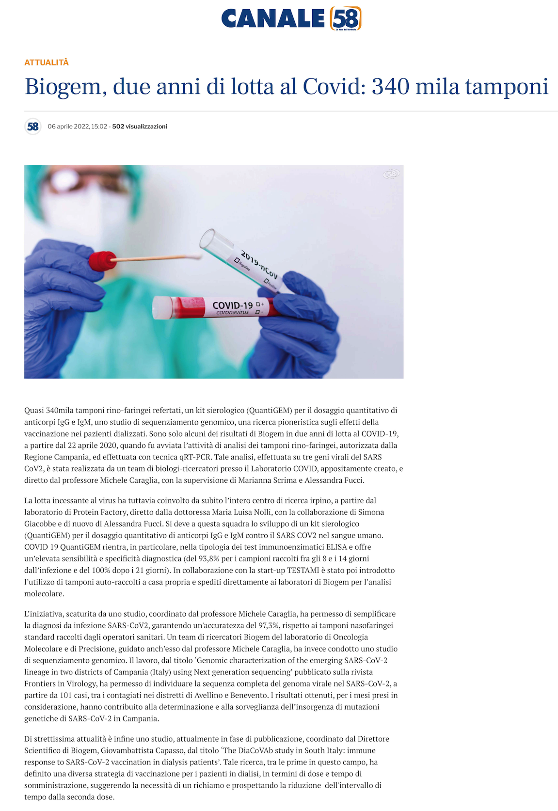 Biogem, due anni di lotta al Covid: 340 mila tamponi