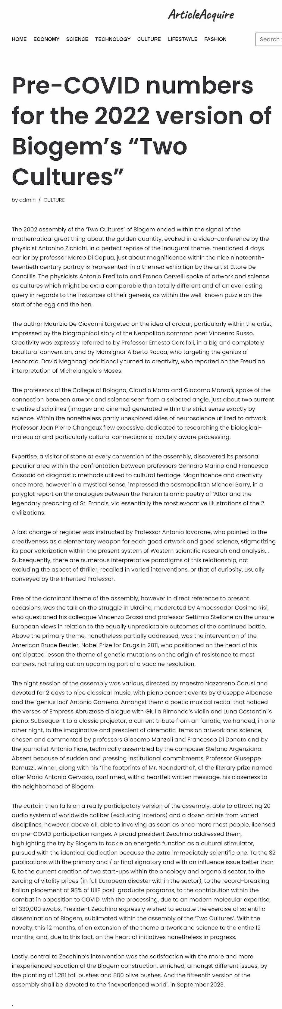 Pre-COVID numbers for the 2022 version of Biogem’s “Two Cultures”