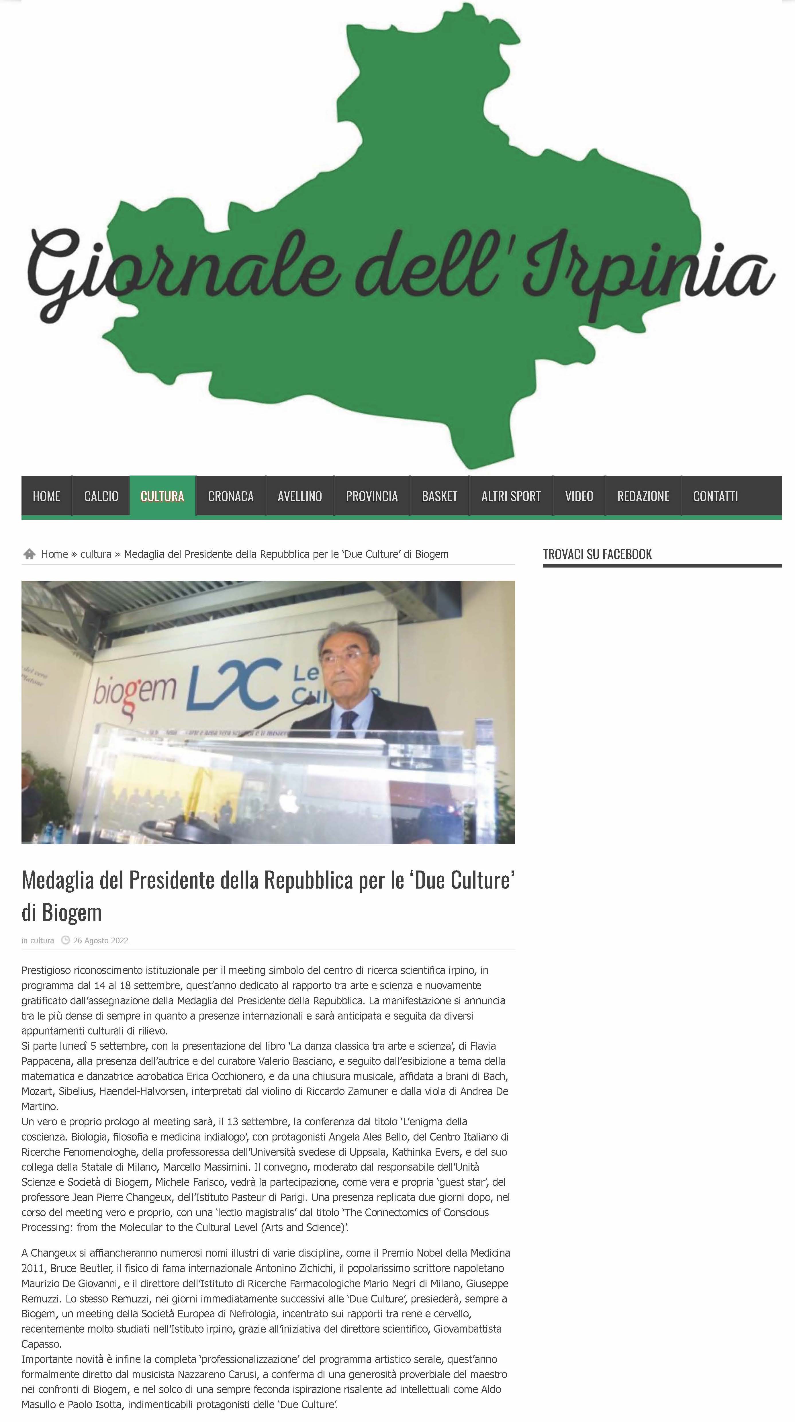 Medaglia del Presidente della Repubblica per le ‘Due Culture’ di Biogem