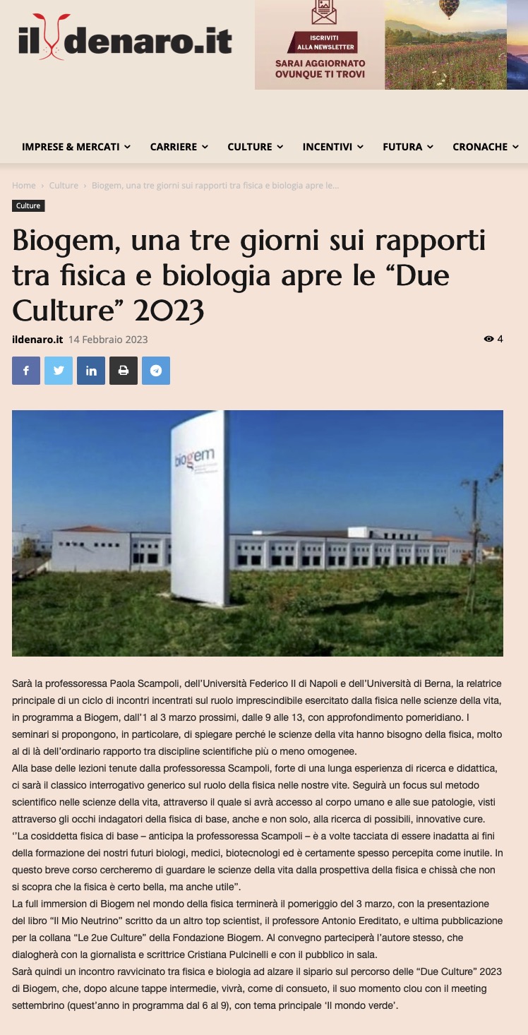 Biogem, una tre giorni sui rapporti tra fisica e biologia apre le “Due Culture” 2023
