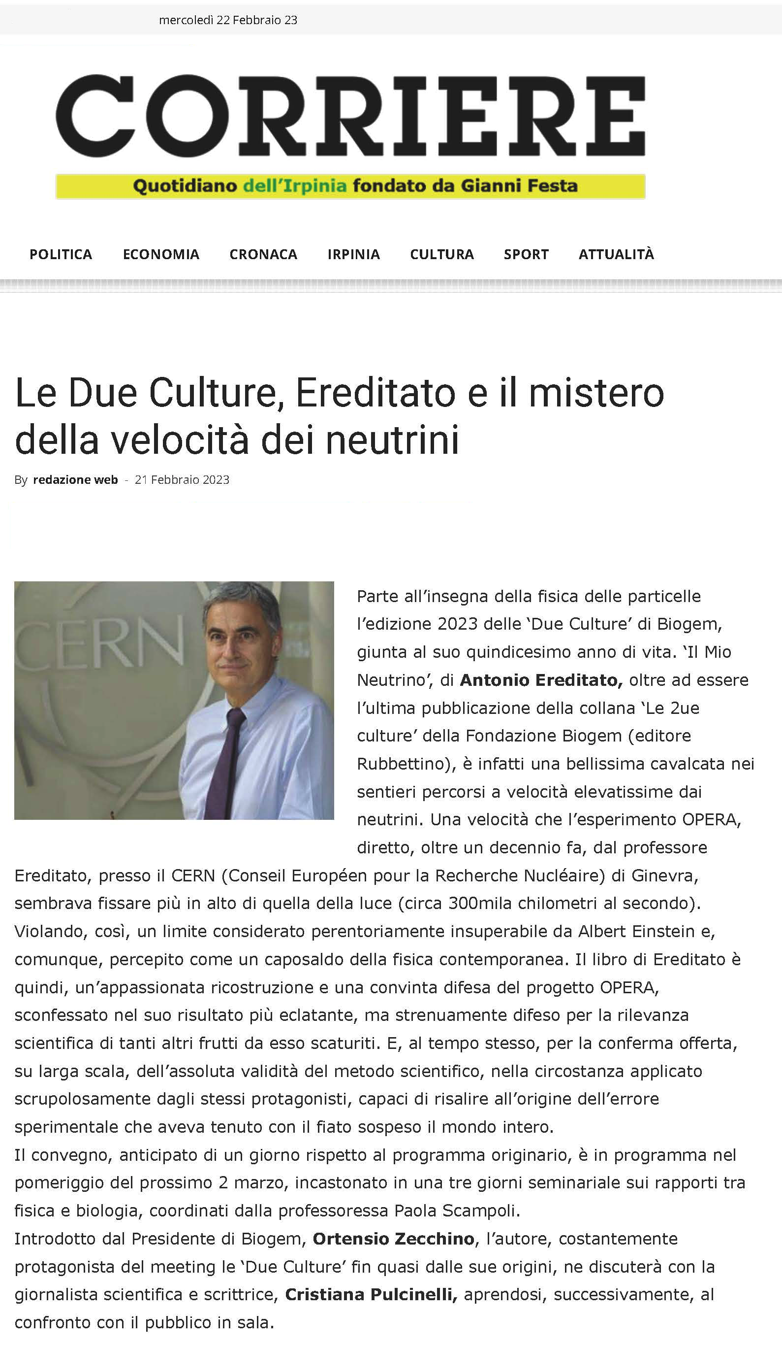 Le Due Culture, Ereditato e il mistero della velocità dei neutrini