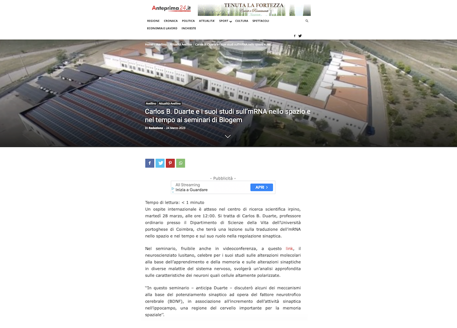 Anteprima24.it - Carlos B. Duarte e i suoi studi sull’mRNA nello spazio e nel tempo ai seminari di Biogem