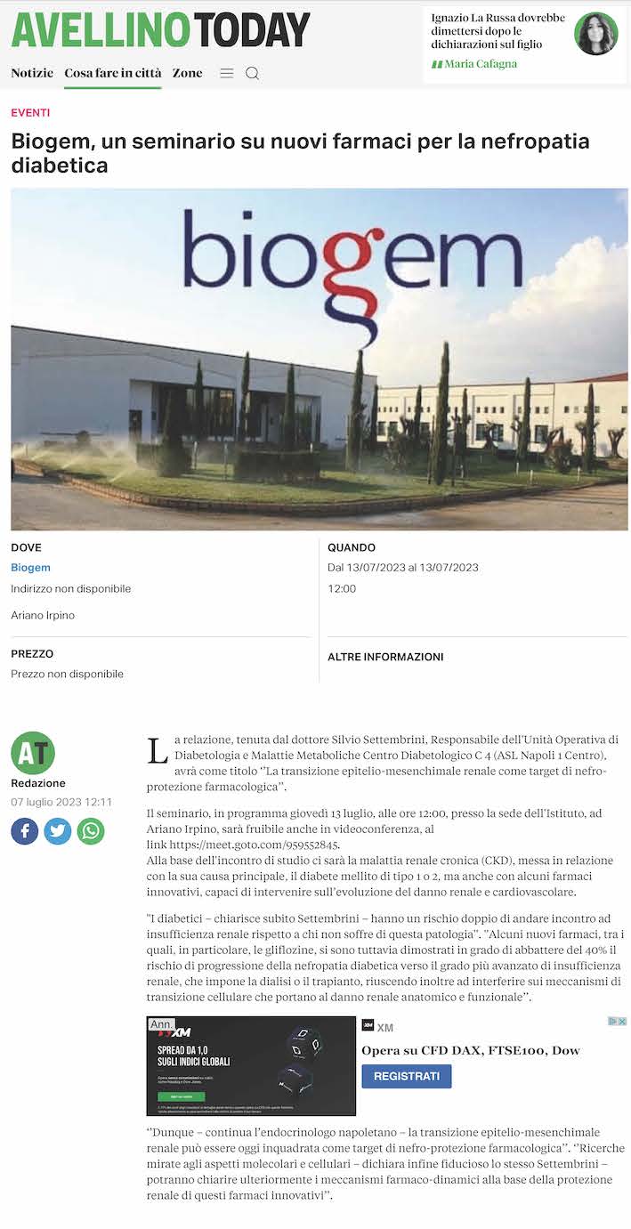 Biogem, un seminario su nuovi farmaci per la nefropatia diabetica