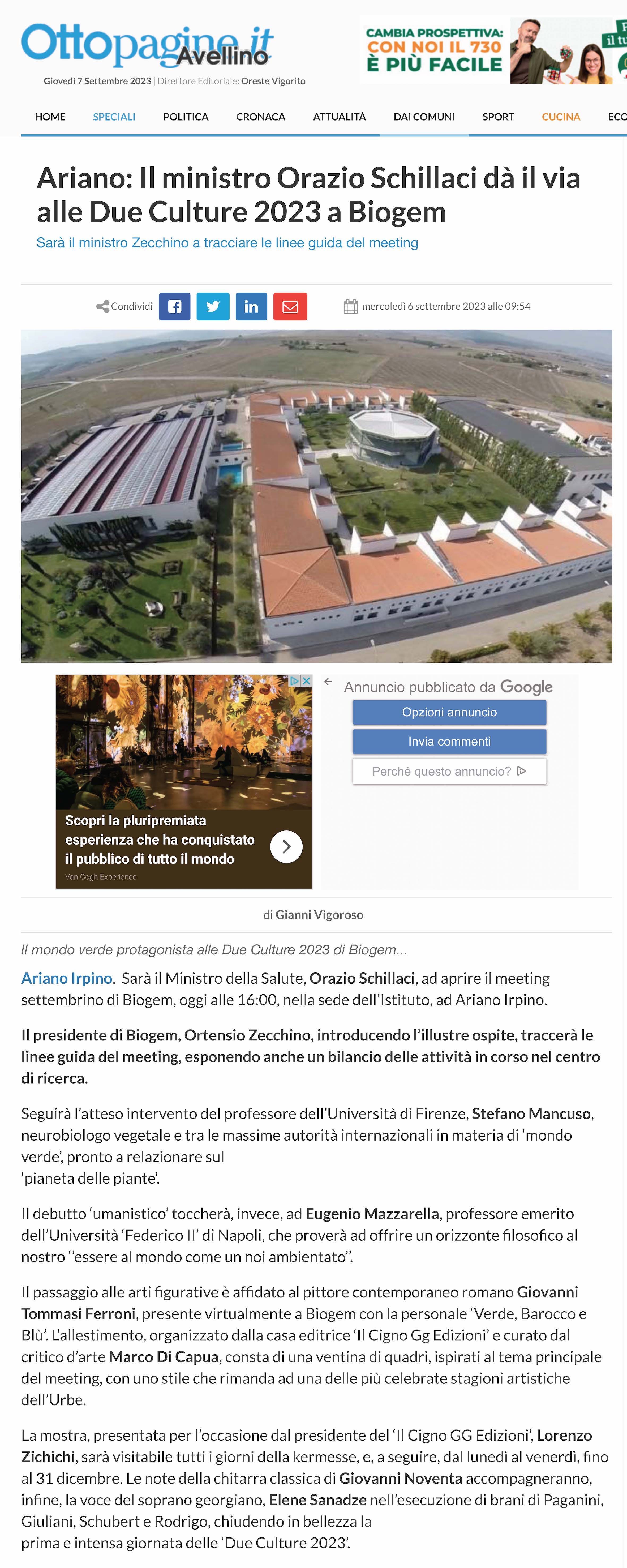 Il ministro Orazio Schillaci dà il via alle Due Culture 2023 a Biogem