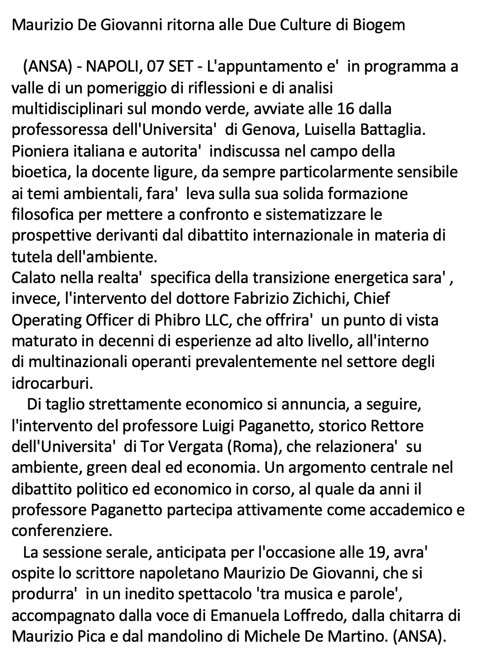 Maurizio De Giovanni ritorna alle Due Culture di Biogem