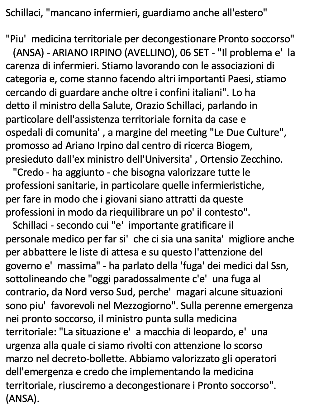 Schillaci, "mancano infermieri, guardiamo anche all'estero"