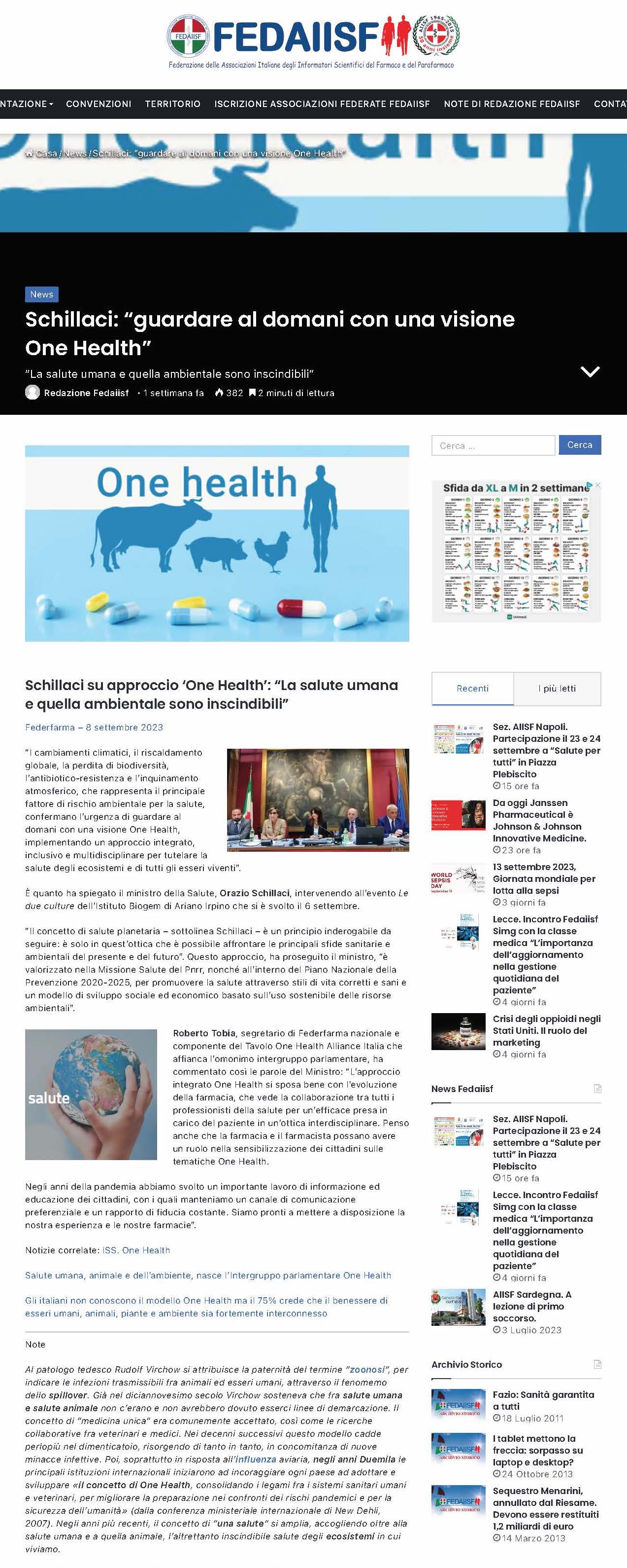 Schillaci guardare al domani con una visione one health