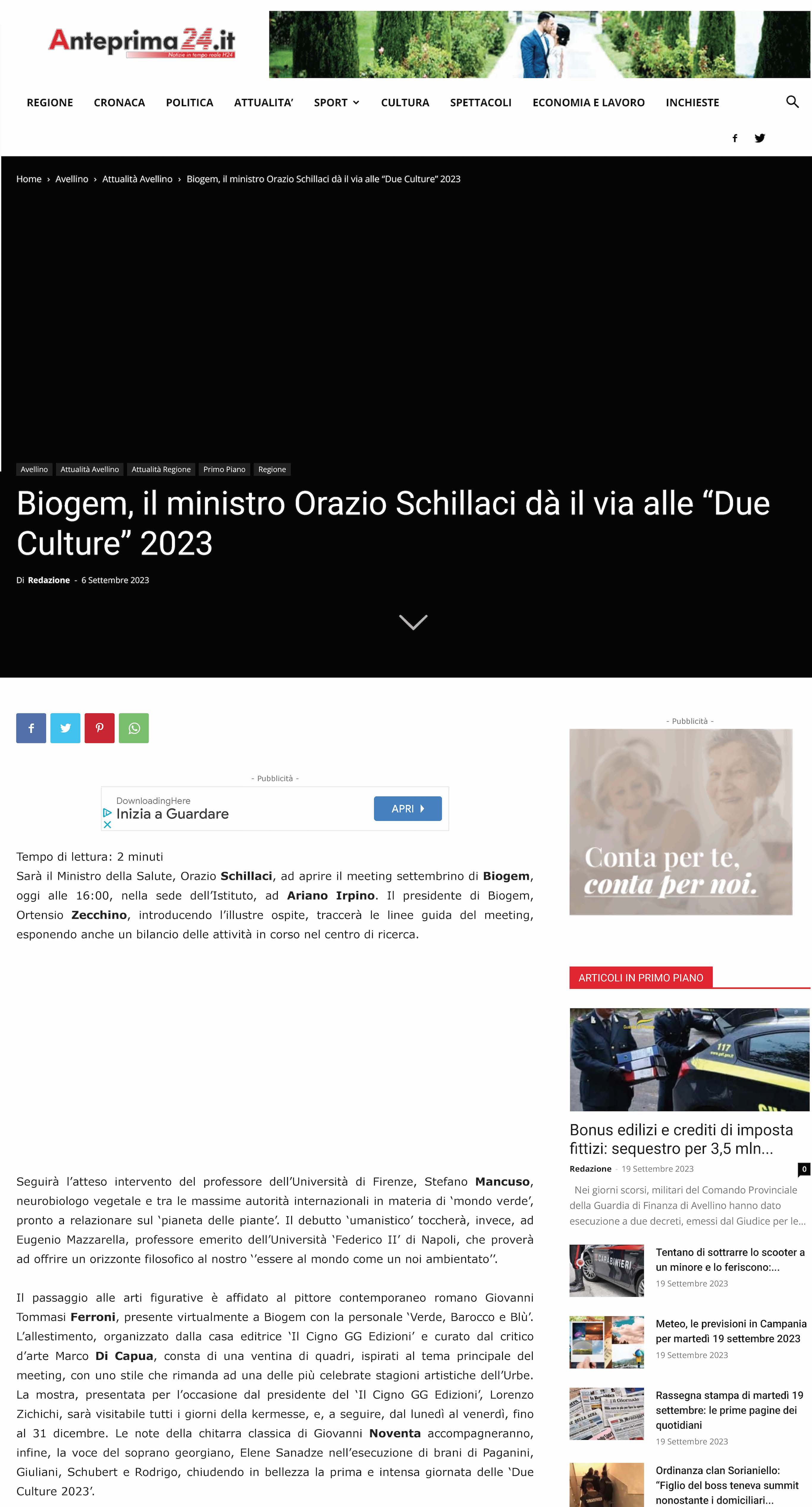 Biogem, il ministro Orazio Schillaci dà il via alle "Due Culture" 2023