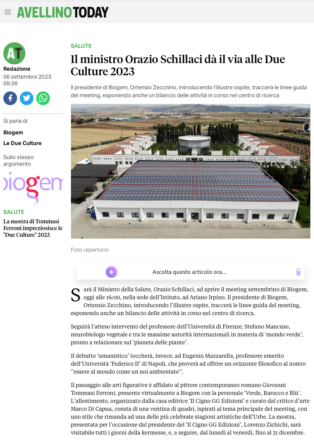 Il ministro Orazio Schillaci dà il via alle Due Culture 2023