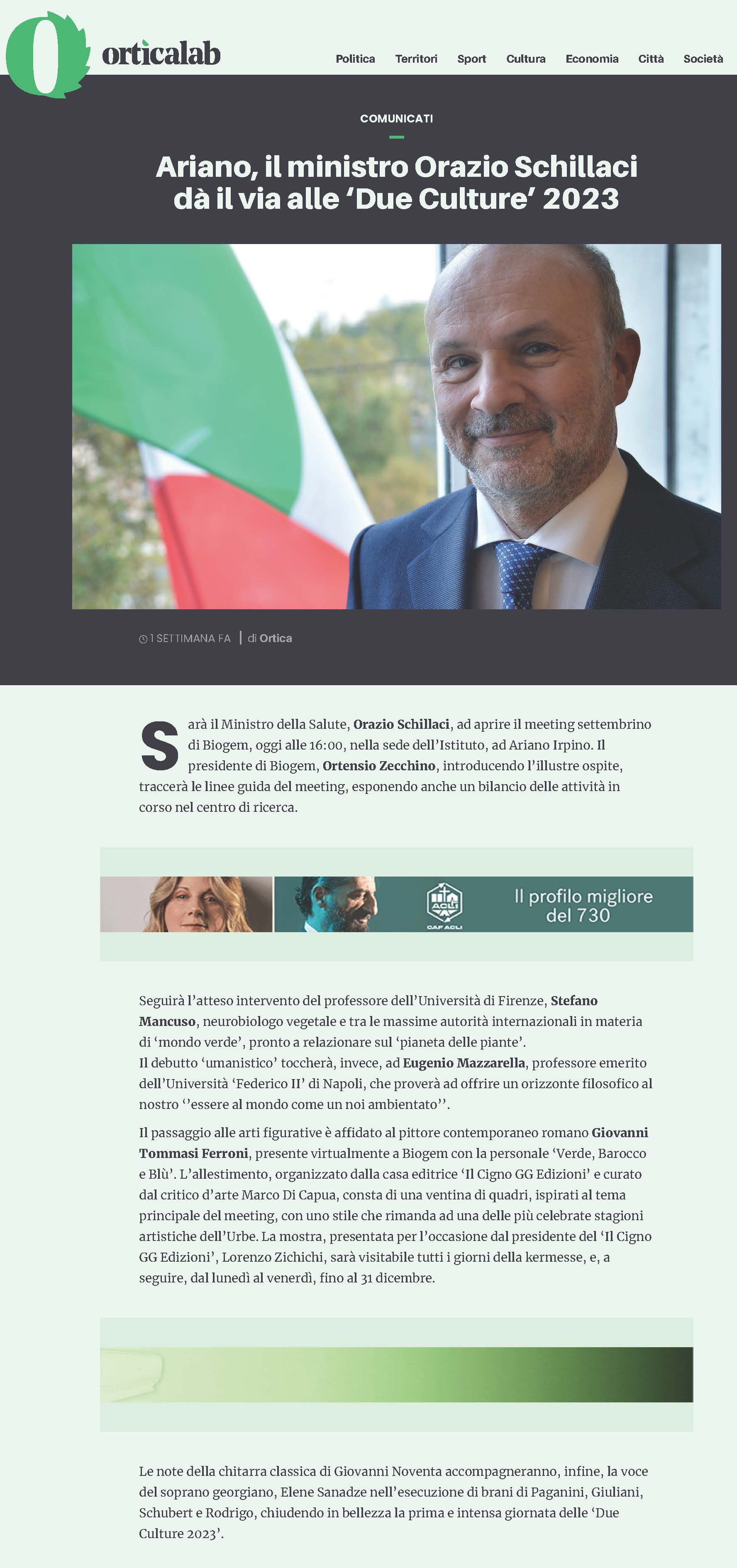 Ariano, il ministro Orazio Schillaci dà il via alle ‘Due Culture’ 2023 