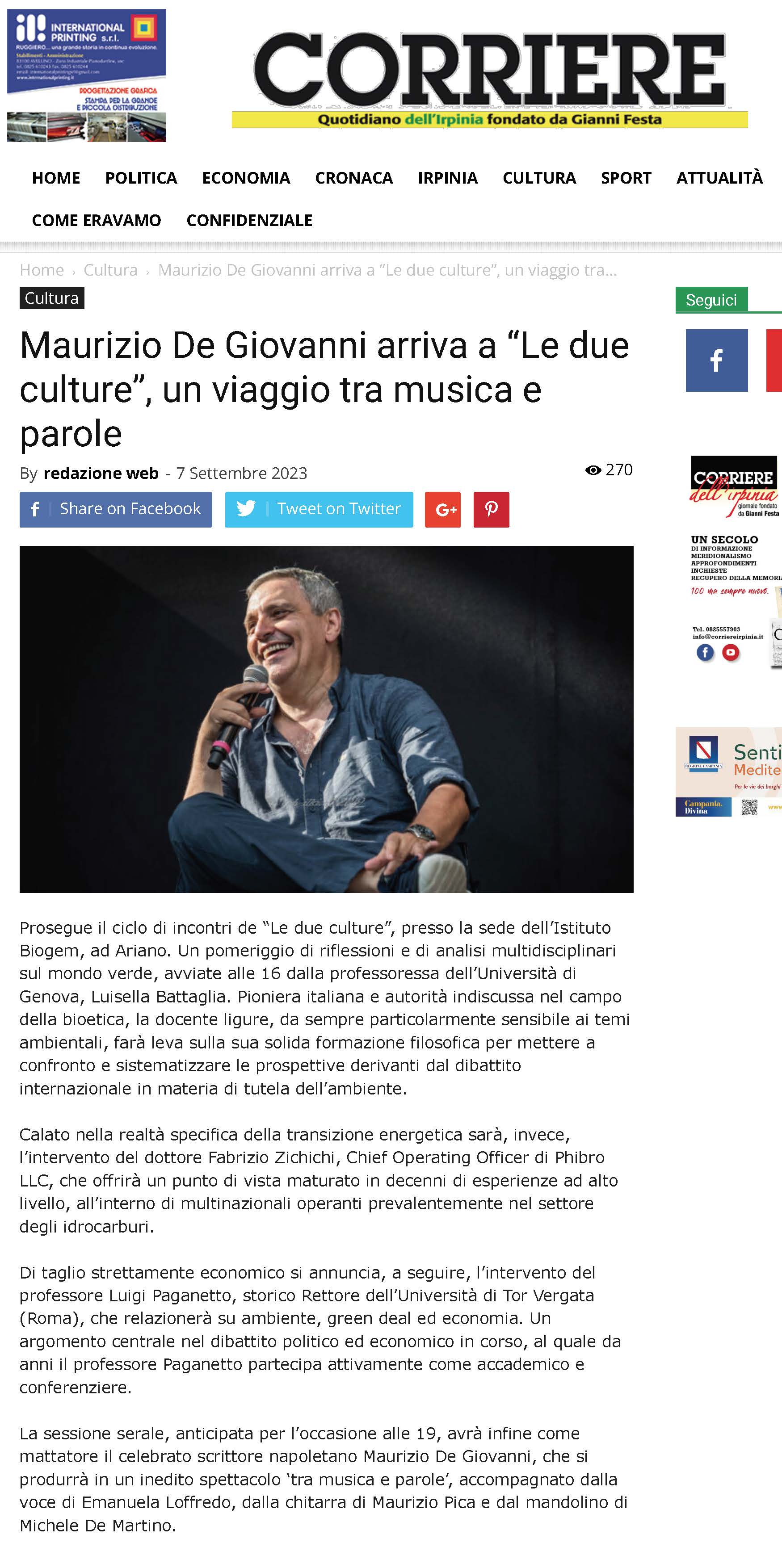 Maurizio De Giovanni arriva a “Le due culture”, un viaggio tra musica e parole