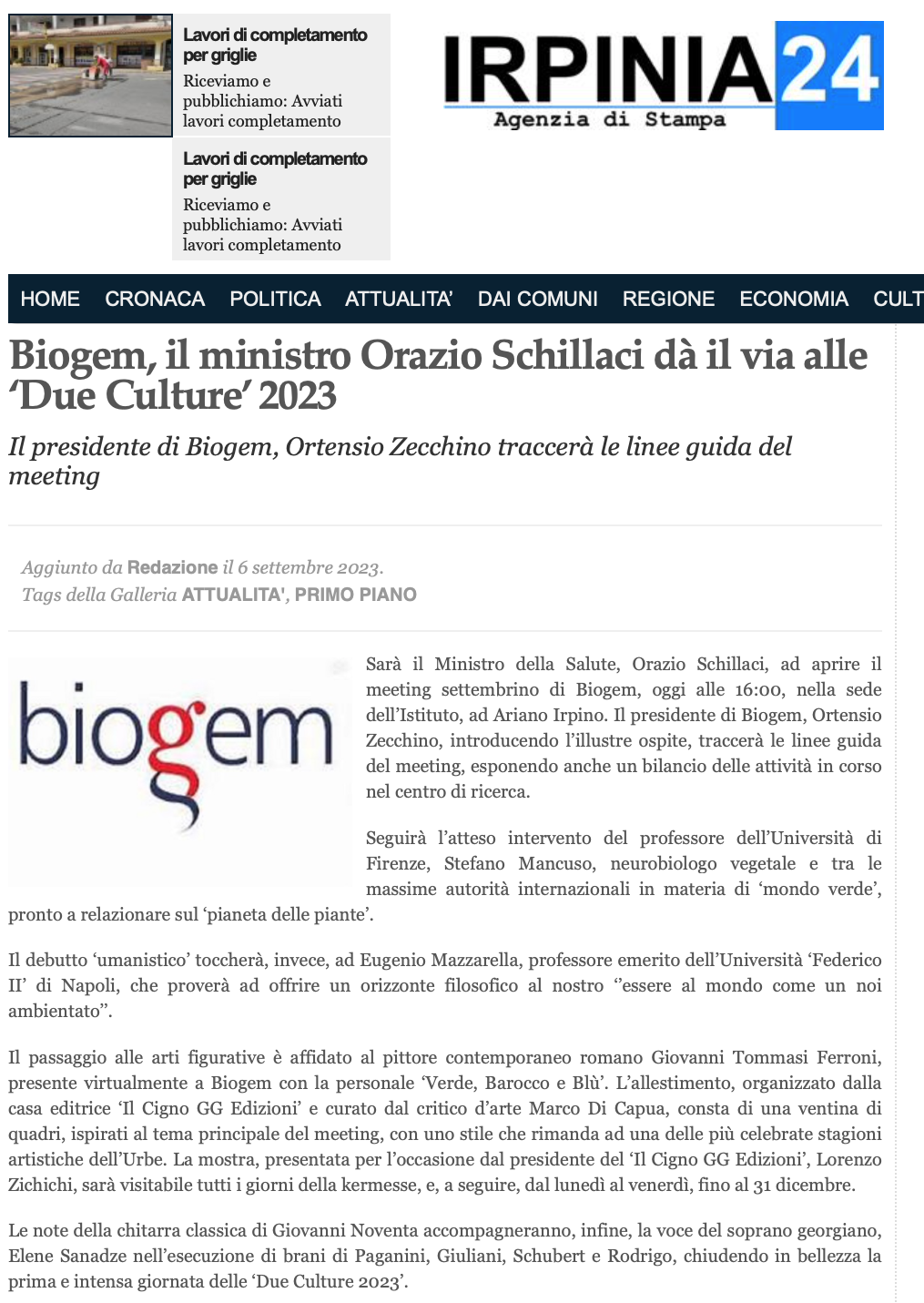 Biogem il ministro Orazio Schillaci da il via alle due culture 2023