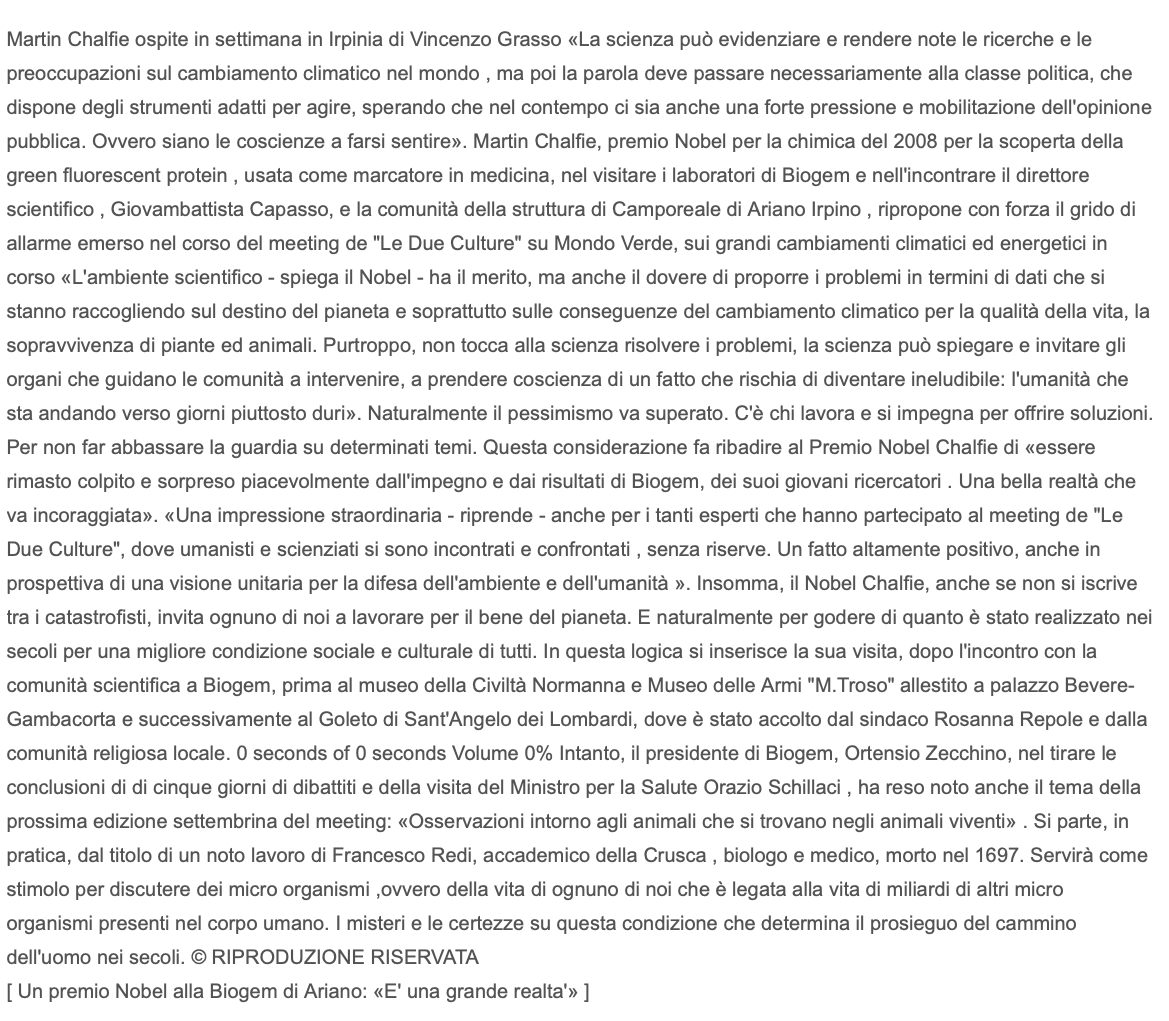 Un premio Nobel alla Biogem di Ariano:>