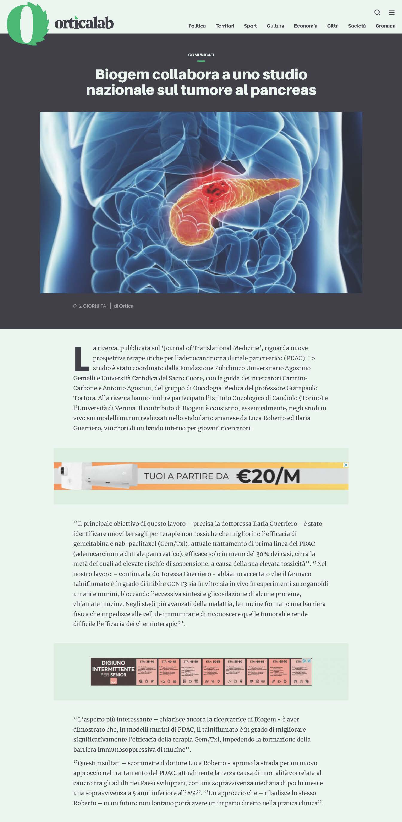 Biogem collabora a uno studio nazionale sul tumore al pancreas
