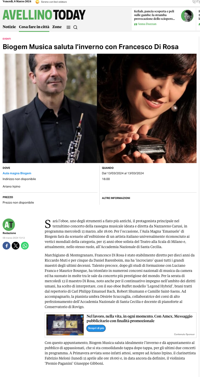 Biogem Musica saluta l’inverno con Francesco Di Rosa