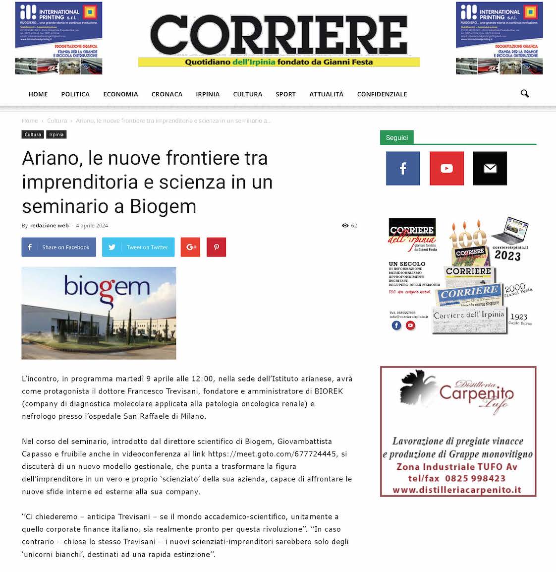 Ariano, le nuove frontiere tra imprenditoria e scienza in un seminario a Biogem