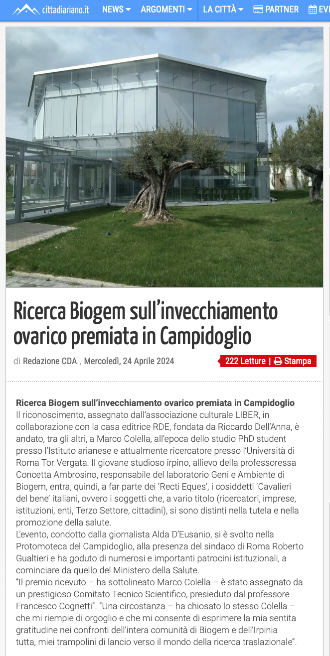 Ricerca Biogem sull’invecchiamento ovarico premiata in Campidoglio