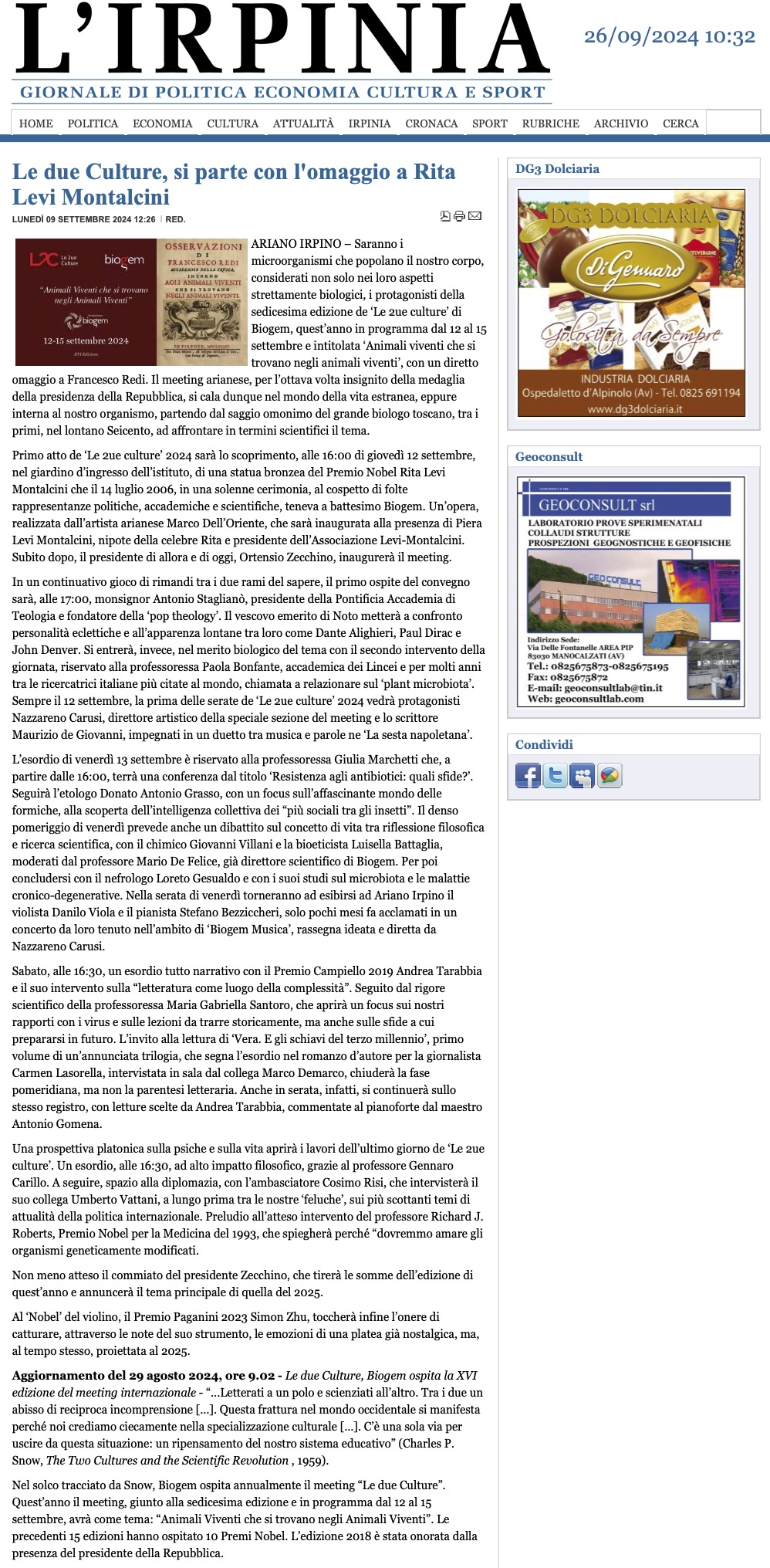 Le due Culture, si parte con l'omaggio a Rita Levi Montalcini