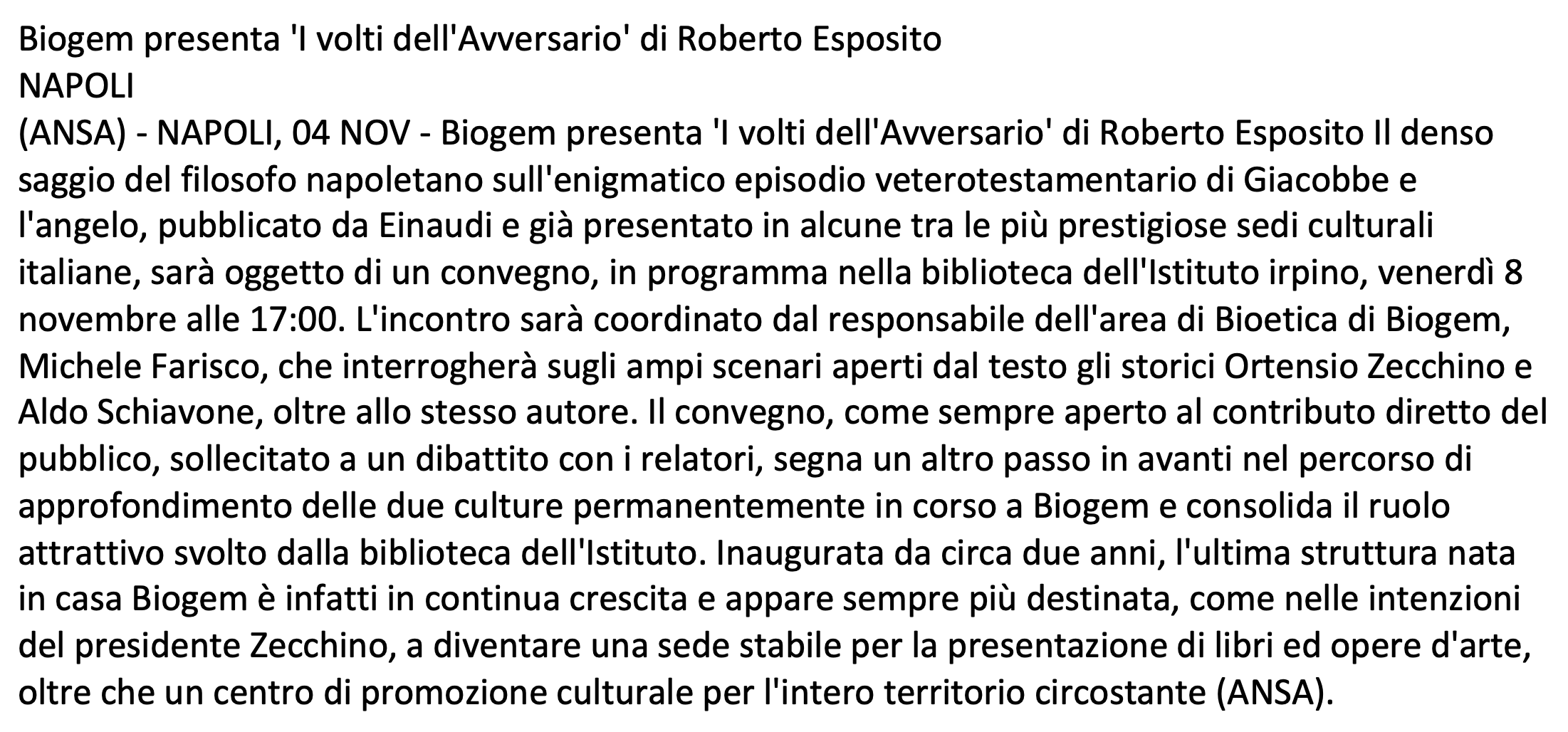 Biogem presenta 'I volti dell'Avversario' di Roberto Esposito 