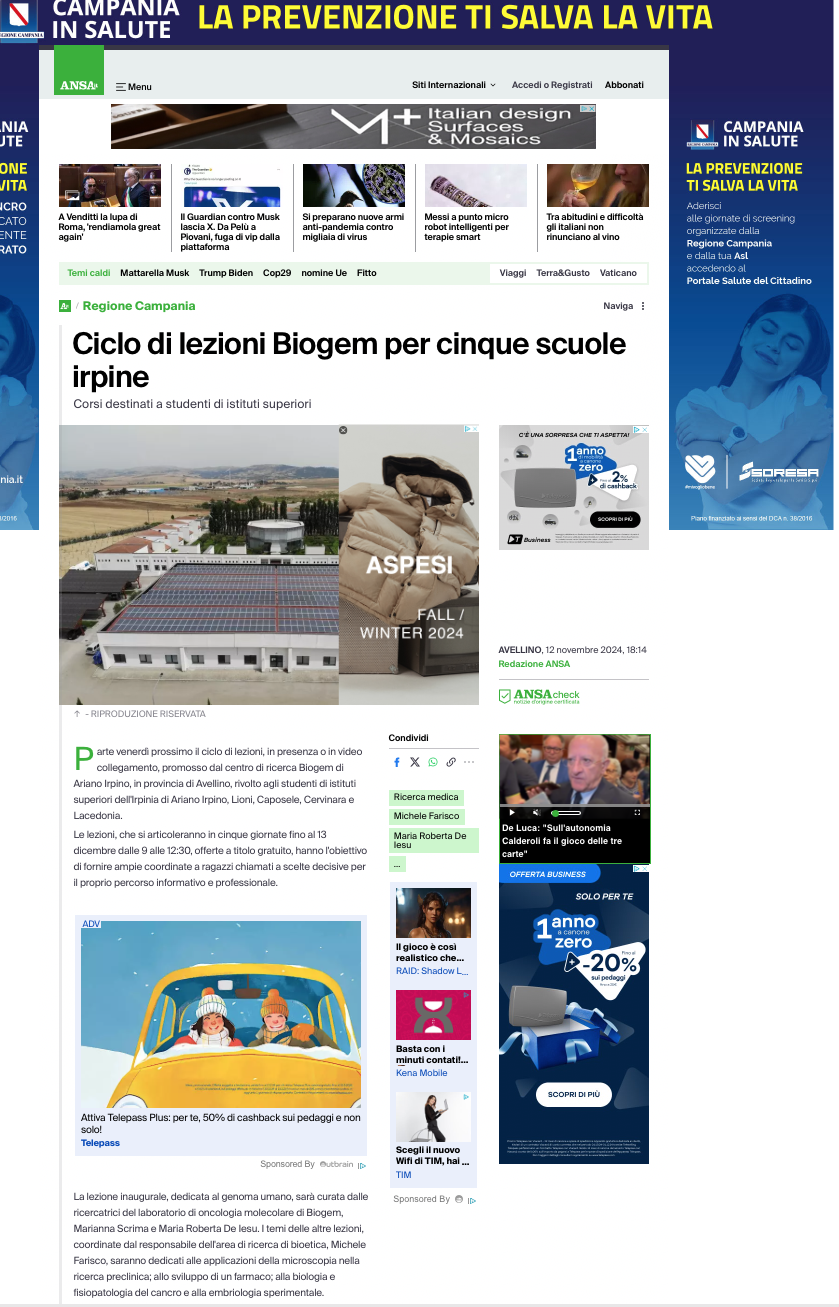 Ciclo di lezioni Biogem per cinque scuole irpine