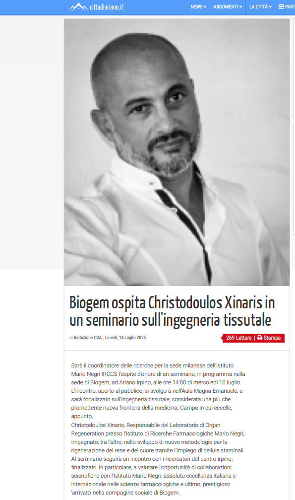 Biogem ospita Christodoulos Xinaris in un seminario sull'ingegneria tissutale