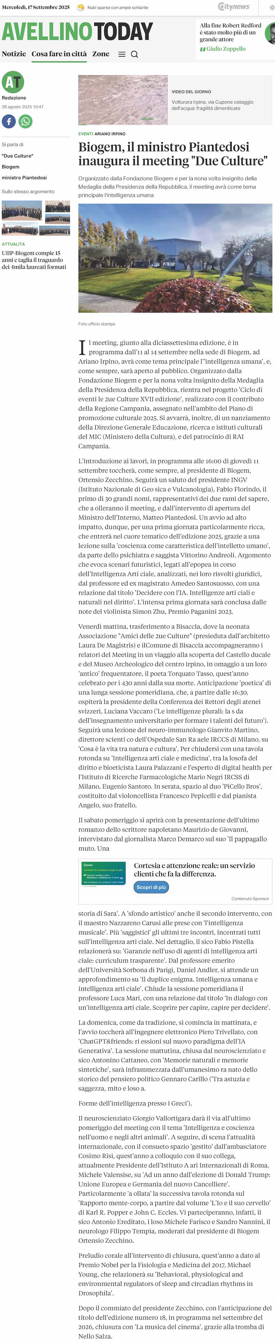 Biogem, il ministro Piantedosi inaugura il meeting "Due Culture" 